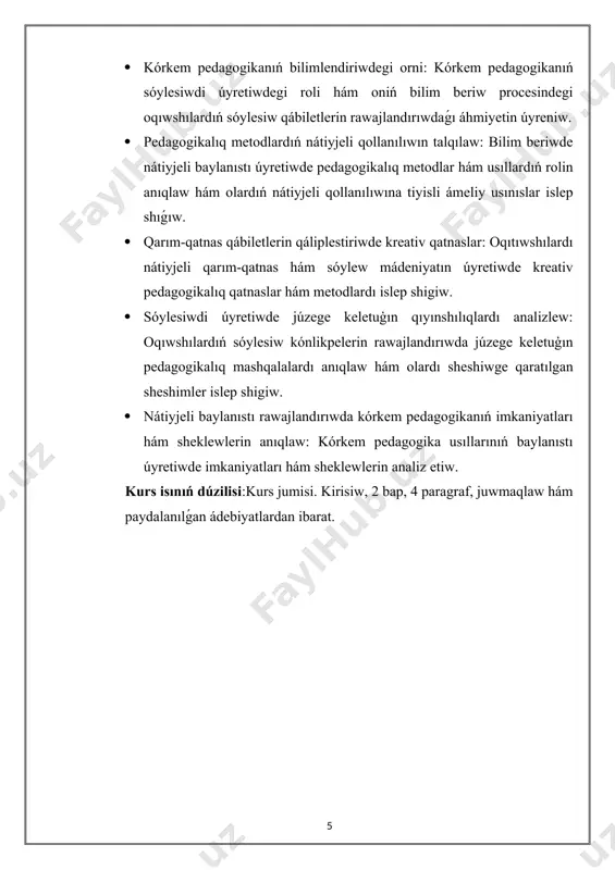 nátiyjeli baylanıstı úyretiwde pedagogikalıq metodlar hám usıllardıń rolin anıqlaw hám olardıń nátiyjeli qollanılıwına tiyisli ámeliy usınıslar islep shıǵıw. · qarım-qatnas qábiletlerin qáliplestiriwde kreativ qatnaslar: oqıtıwshılardı nátiyjeli qarım-qatnas hám sóylew mádeniyatın úyretiwde kreativ pedagogikalıq qatnaslar hám metodlardı islep shigiw. · sóylesiwdi úyretiwde júzege keletuģın qıyınshılıqlardı analizlew: oqıwshılardıń sóylesiw kónlikpelerin rawajlandırıwda júzege keletuģın pedagogikalıq mashqalalardı anıqlaw hám olardı sheshiwge qaratılgan sheshimler islep shigiw. · nátiyjeli baylanıstı rawajlandırıwda kórkem pedagogikanıń imkaniyatları hám sheklewlerin anıqlaw: kórkem pedagogika usıllarınıń baylanıstı úyretiwde imkaniyatları hám sheklewlerin analiz etiw. kurs isınıń dúzilisi:kurs jumisi. kirisiw, 2 bap, 4 paragraf, juwmaqlaw hám paydalanılǵan ádebiyatlardan ibarat. i-bap.nátiyjeli sóylesiw sırları hám onıń áhmiyeti. 1.1nátiyjeli sóylesiw túsinigi hám onıń zamanagóy jámiyettegi ornı nátiyjeli sóylesiwdi úyretiwdiń pedagogikalıq usılları. nátiyjeli sóylesiw - bul tek sózler hám sóz dizbekleriniń logikalıq jaqtan durıs jaylasıwı emes, al adamlar arasındaǵı baylanıstıń tolıq, anıq hám tásirsheń bolıwı degeni. ol tek ǵana tildiń grammatikalıq táreplerin emes, al barlıq kommunikativlik aspektlerdi, sonıń …