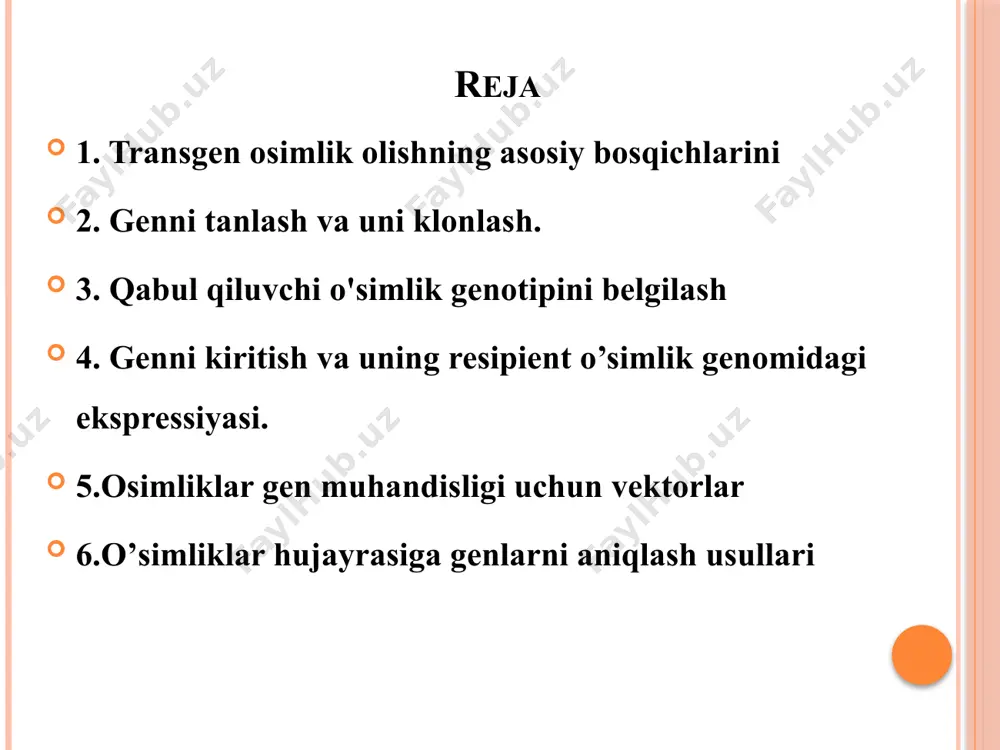 ecipient o'simlik genomica expressionsini amalga oshirish va avlodlarda belgining naslga turgun o'tishini ta'minlash mukhim masala. kiritilgan genni ifadesi bwlishi bir qator sabablar: genny osim genomica integration bulgan zhoyi, promoter kismining methyllanish xodimlariligi, yordamlic genning xususiyiyatlari va h.k. larga boglik. transformant hujayralar regeneratsiyalari va transgen o'simliklarni belgilash. transformant huzhayralardan etuk o'simlikni regeneration bulishi huzhayralar totipotentliga boglik, ammo bu har doim ham amalga oshavermaidi. totipotentlik belgisi ikki pallali oʻsimliklar: tamaki, kartoshka, lavlagi, soybeans, rapseed, trouble, tomato, sabzi, karam va bazi mevali darakhtlarda yakkol ifodalangan. hozirgi waqtda galla ekinlariga mansub basi osimliclar makkazhohori, sholi, bugdoi, suli kabilarni regeneration qilish usullari ishlab chikilgan. o'simliklar gen muhandisligi uchun vektorlar shish hosil kuchli inductorlardan birigrobacterium tumefaciens misolida shish chaqiruvchi voshita ti – plasmid deb atalgan (inglis tilidan tumor inducing – shish chaqiruvchi) maxsus plasmid bwlib, uning bir qismi o'simlik hzhayrasi xromosoma o'r nashib olishi aniklangan t-dnk ning o'simlik xromosomasig integratsiyasi va (gardishsimon) shish hosil bo'lishi ti …