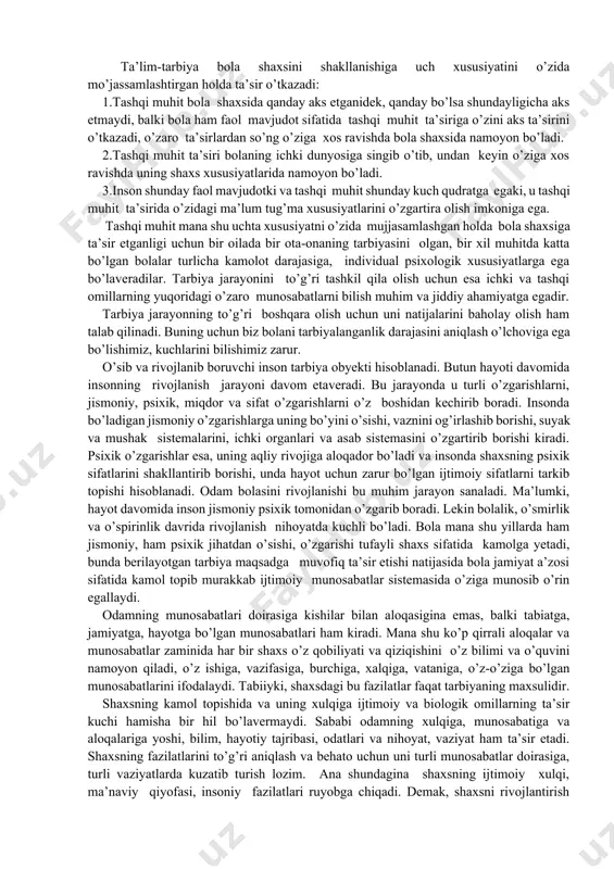 shda o’jarlik alomatlari paydo bo’ladi, sababi esa ruxiy dunyosida ro’y berayotgan o’zgarishlardir. «men o’zim» degan tushuncha ustunlik qiladi. irodasi o’sa boshlaydi. maqtov va olqishga ehtiyoj tug’iladi. 3. uch yoshdan bola serg’ayrat, tinib-tinchimas bo’ladi, irodasi, diqqat, xotirasi o’sa boshlaydi. bola organizmi jadal suratlar bilan o’sishi boshlaydi. muloqotda ota-ona bilan bola o’rtasidagi keskin kelishmovchiliklar boshlanadi. kuzatuvchanlik, bilimga intilish kuchli bo’ladi. 4. to’rt yoshdan bola mustaqillikka intila boshlaydi. ovqatlanish, kiyinish vujudga keladi. xotira, diqqat iroda, idrok o’sadi, tafakkur qila boshlaydi. 5. besh yoshdan bolaning ruhiy xususiyati, jarayon va xolatlari o’sib kelayotganligi (diqqat, iroda, idrok, xotira, tafakkur) sababli o’z xulq-atvorini idora qilish, bilimlarni egallash malakasini shakllantirish maqsadga muofiq. 6. bola olti yoshga tulganda o’sish tezlashib, u ko’proq bo’yiga o’sadi, kiyim tanlashga e’tibor beradi, ishchanlik qobiliyati o’sadi. ish qurollaridan foydalanish, uquvi paydo bo’ladi. javobgarlik xissi paydo bo’ladi. bu yoshda nutq jadal suratlar bilan o’sib so’z boyligi 2500 ga yetadi. gap tuzish, suxbat ko’rishni uddasidan chiqadi, …