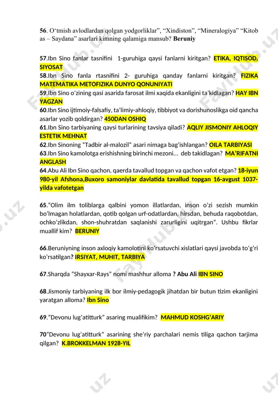 bolaga muomala qilmasligi kerak». ushbu fikrlar qaysi sharq mutafakkirining qalamiga mansub? alisher navoiy 44. “odobli inson barcha odamlarning yaxshisidir va barcha xalqlar uchun yoqimlidir. u mansabdor kishilardan go‘zalroq va badavlat odamlardan hurmatliroqdir”. ushbu fikr muallifini aniqlang? alisher navoiy 45. ushbu misralar qaysi allomaga tegishli “otangga bo‘lmagin arzanda bandi, bandidan chiqib bo‘l hunar farzandi”? jomiy 46. hadisi sharifda keltirilgan quyidagi g‘oyalar kimga tegishli “mening bolam”, “seningbolang”, deb ajratmay tarbiya berish hammaning vijdoniy burchidir? imom buxoriy (al adab al-mufrad) 47. “zafarnoma” asarining muallifi kim? sharofiddin ali yazdiy 48. “ash-shifo” asarining muallifi kim? abu ali ibn sino 49. pedagogika terminining ma’nosi – bu? 50. pedagogikaning faoliyat ob’ekti nima? таьлим 51. devoni hikmat” asarining muallifi kim? ahmad yassaviy 52. “sezgi” orqali bilish bu qisman bilish bo‘lsa, “mantiqiy” bayon, bilish esa haqiqiy, bilish muhim ushbu fikr kimga tegishli? al xorazmiy 53. “falsa fani o‘rganishdan avval o‘zingizni hirs-havaslardan shunday tozalashigiz lozimki, sizda maishiy va shahvoniyat kabi …