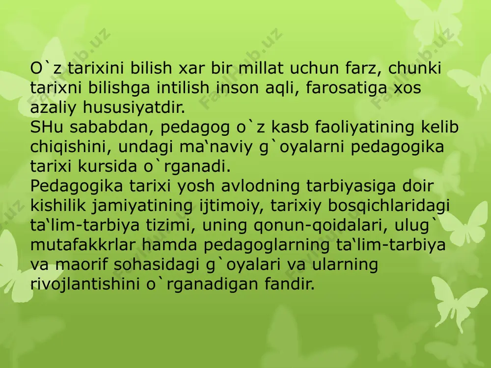 adaniyat qay darajada katta rol o’ynaganligidan dalolat beradi. eng qadimgi kishilarga xos bo’lgan xislatlar, ularning dastlabki, oddiy istaklari, orzu-umidlari qadimgi eposlarda aks etgan afsonaviy obrazlar hamda qahramonlar qiyofasida o’z ifodasini topgan. ruhga sig’inish (onimizm), ajdodlar ruhiga sig’inish (totemizm), sehrgarlik kabi diniy e’tiqodlar va marosimlar yoritilgan afsona va rivoyatlarda eng qadimiy ajdodlarimizning tafakkur dunyosi aks etgan. ammo bu rivoyat va afsonalar ham massaget, sak, xorazmiy, so’g’d hamda parfiyanlar yashagan davrlar ruhini ifoda etadi, xolos. eng qadimgi madaniy boyliklarimizni o’rganishda quyidagi uch guruhga ajratilgan manbalarga tayanamiz: arxeologik qazilmalar natijasida topilgan ko’rgazmali ashyolar. xalq og’zaki ijodi materiallari hamda yozma manbalar. buyuk adiblar, allomalarning ijodiy merosi. ma’lumki, ibtidoiy kishilar mehnat faoliyati jarayonida o’z ehtiyojlarini qondirgan va bu jarayon yosh avlodda ham mehnat qilish, amaliy faoliyatni yo’lga qo’ya olish borasidagi nazariy bilim, ko’nikma va malakalarni hosil qilishga zamin hozirlagan. mehnat faoliyatini tashkil etish jarayoni dastlabki paytlarda butun ijtimoiy hayotni yo’lga qo’yish negizida amalga oshirilgan bo’lsa, …