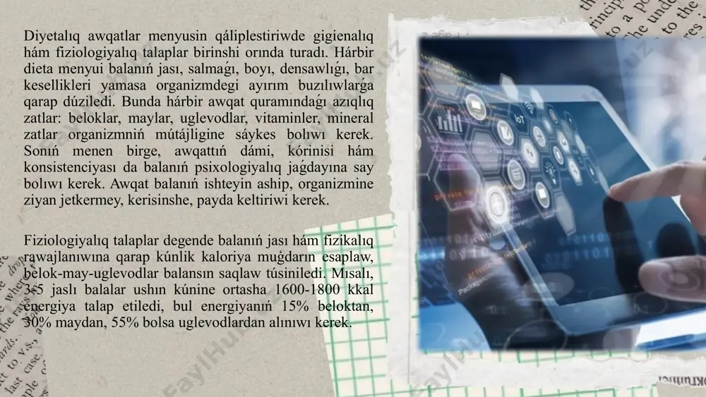 tkerleriniń tırnaqları qısqa etip kesilgen, júzleri ashıq, kiyimleri taza bolıwı kerek. azıq-awqat penen tikkeley isleytuǵın xızmetkerlerde juqpalı kesellikler, jaralar yamasa dermatit bolmawı shárt. paydalanilǵan ádebiyatlar. 1.bobojonov sh. parhez ovqatlar tayyorlash texnologiyasi. toshkent: ilm ziyo nashriyoti, 2016. 2.mirzaeva d. maktabgacha yoshdagi bolalarning ovqatlanish gigiyenasi. toshkent: tibbiyot nashriyoti, 2017. 3.islomov r. pediatrik dietologiya: nazariya va amaliyot. toshkent: fan, 2018. 4.karimova n. ovqatlanish gigiyenasi va sanitariya qoidalari. toshkent: ziyo net, 2019. 5.safarov s. parhez menyu tuzish metodologiyasi. toshkent: akademnashr, 2020. 6.world health organization. infant and young child feeding: model chapter for textbooks for medical students and allied health professionals. geneva: who, 2009. 7.jones m. clinical nutrition in childhood. london: springer, 2014. itibarin'iz ushun raxmet! image1.jpeg image2.png image3.png image4.png image5.png image6.png image7.png image8.jpeg image9.png image10.png image11.png image12.png image13.png image14.jpeg image15.jpeg image16.png image17.png image56.png image57.png image52.jpeg image53.png image54.png image55.jpeg image58.png image25.jpeg image26.jpeg image27.png image28.png image59.jpeg image36.png image42.png
