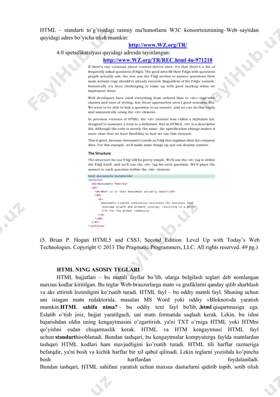 glarga ham taalluqli). masalan, teg-konteyneri faqatgina freymlarni taniydigan brauzer tomonidan hisobga olinadi. uni tanimaydigan brauzer tegini tushunmaydi. teglar parametr va atributlarga (inglizcha. attribute) ega bo’lishi mumkin. ruxsat etilgan parametrlar yig’indisi har-bir teg uchun individualdir. parametrlar quyidagi qoida asosida yoziladi: teg nomidan so’ng probellar bilan ajratilgan parametrlar kelishi mumkin; parametrlar ixtiyoriy tartibda keladi; parametrlar o’zining nomidan keyin keluvchi «=» belgisi orqali beriluvchi qiymatlarga ega bo’lishi mumkin. odatda parametrlar qiymati « » - «qo’shtirnoq» ichida beriladi. parametr qiymatida ba'zan yozuv registri muhim. agar parametr mohiyatida probel ishtirok etgan bo’lsa, u holda qavs, albatta yoziladi. parametr mohiyatida (teg va parametrlar nomidan farqli ravishda) ba'zida yozuv registri muhim bo’ladi. tegning parametr bilan yozilishiga misol: bu erda tegi uchun ikkita parametr berilgan. moxiyatsiz ko’rsatilgan birinchi parametr border. ikkinchi parametr align left mohiyatiga ega. shuni esda tutish lozimki, hamma teglar o’zining individual parametriga ega bo’lishiga qaramay, shunday bir qator parametrlar mavjudki, ularni bo’limining barcha teglarida ishlatish …