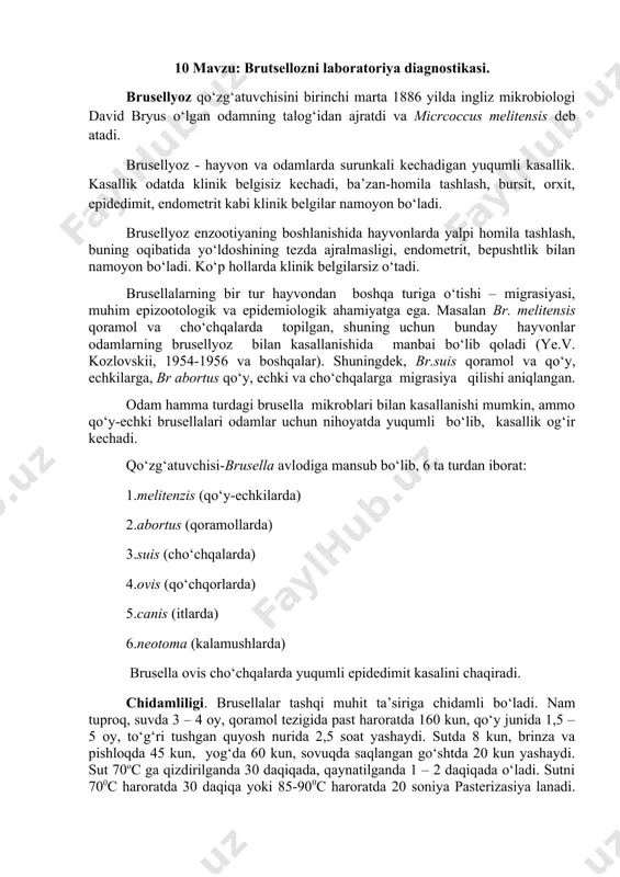 gi, endometrit, bepushtlik bilan namoyon bo‘ladi. ko‘p hollarda klinik belgilarsiz o‘tadi. brusellalarning bir tur hayvondan boshqa turiga o‘tishi – migrasiyasi, muhim epizootologik va epidemiologik ahamiyatga ega. masalan br. melitensis qoramol va cho‘chqalarda topilgan, shuning uchun bunday hayvonlar odamlarning brusellyoz bilan kasallanishida manbai bo‘lib qoladi (ye.v. kozlovskii, 1954-1956 va boshqalar). shuningdek, br.suis qoramol va qo‘y, echkilarga, br abortus qo‘y, echki va cho‘chqalarga migrasiya qilishi aniqlangan. odam hamma turdagi brusella mikroblari bilan kasallanishi mumkin, ammo qo‘y-echki brusellalari odamlar uchun nihoyatda yuqumli bo‘lib, kasallik og‘ir kechadi. qo‘zg‘atuvchisi-brusella avlodiga mansub bo‘lib, 6 ta turdan iborat: 1.melitenzis (qo‘y-echkilarda) 2.abortus (qoramollarda) 3.suis (cho‘chqalarda) 4.ovis (qo‘chqorlarda) 5.canis (itlarda) 6.neotoma (kalamushlarda) brusella ovis cho‘chqalarda yuqumli epidedimit kasalini chaqiradi. chidamliligi. brusellalar tashqi muhit ta’siriga chidamli bo‘ladi. nam tuproq, suvda 3 – 4 oy, qoramol tezigida past haroratda 160 kun, qo‘y junida 1,5 – 5 oy, to‘g‘ri tushgan quyosh nurida 2,5 soat yashaydi. sutda 8 kun, brinza va pishloqda 45 …