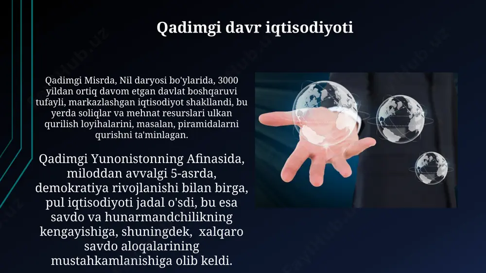 ining roli жстнинг “бир хил шароитлар” тамойилига асосланган тарифлар ва савдо тўсиқларини пасайтириш сиёсати 2000 йилдан бери 100 дан ортиқ ривожланаётган мамлакатларга экспорт имкониятларини кенгайтирган. жстнинг низоларни ҳал қилиш механизми орқали 2022 йилда дунёнинг турли бурчакларидан, хусусан, европа ва хитой ўртасидаги савдо низоларининг 150 дан ортиқ ҳолати ҳал этилган. jahon iqtisodiyotidagi rivojlanayotgan mamlakatlarning o'rni jahon yalpi ichki mahsulotining (yaim) 20% dan ortig'ini rivojlanayotgan mamlakatlar, xususan, xitoy, hindiston va braziliya kabi yirik iqtisodiyotlar tashkil etadi, bu ularning global iqtisodiyotdagi tobora ortib borayotgan ta'sirini ko'rsatadi. 2050 yilga kelib, jahon aholisining 70% dan ortig'i rivojlanayotgan mamlakatlarda yashaydi, bu esa ularning iste'mol bozorlari hajmining kengayishi va global savdo oqimlariga ta'sirini oshiradi. buyuk depressiya buyuk depressiya, oltin standartining qulashi va proteksionizm siyosatining kuchayishi kabi oqibatlarga olib keldi, bu esa xalqaro savdo va hamkorlikni sezilarli darajada buzdi. aqshning yalpi ichki mahsuloti 30% ga qisqardi. depressiya davrida germaniyada ishsizlik darajasi 40% dan oshdi, bu esa fashizmning ko'tarilishiga …