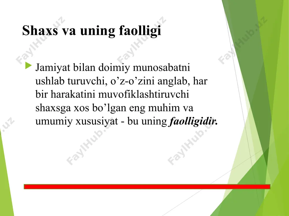 yunaltirilganiga qarab, avvalo tashqi va ichki faoliyat farqlanadi. tashqi faoliyat shaxsni o’rab turgan tashqi muhit va undagi narsa va hodisalarni o’zgartirishga qaratilgan faoliyat bo’lsa, ichki faoliyat - birinchi navbatda aqliy faoliyat bo’lib, u sof psixologik jarayonlarning kechishidan kelib chiqadi. kelib chiqishi nuqtai nazaridan ichki - aqliy, psixik faoliyat tashqi predmetli faoliyatdan kelib chiqadi. dastlab predmetli tashqi faoliyat ro’y beradi, tajriba orttirib borilgan sari, sekin-asta bu harakatlar ichki aqliy jarayonlarga aylanib boradi. buni nutq faoliyati misolida oladigan bo’lsak, bola dastlabki so’zlarni qattiq tovush bilan tashqi nutqida ifoda etadi, keyinchalik ichida o’zicha gapirishga o’rganib, o’ylaydigan, mulohaza yuritadigan, o’z oldiga maqsad va rejalar qo’yadigan bo’lib boradi. har qanday faoliyat ham tashqi harakatlar asosida shakllanadi va motor komponentlardan iborat bo’lishi mumkin. tashki real xatti-harakatlarning ichki harakatlarga aylanish ja-rayoni, tashqi ijtimoiy faoliyatni oʻzlashtirish tufayli odam ichki psixikasining shakllanishi. psixologiyada interiorizatsiya deb, aksincha, aqlda shakllangan g’oyalarni bevosita tashqi harakatlarda yoki tashqi faoliyatga ko’chirilishi eksteriorizatsiya deb yuritiladi. …