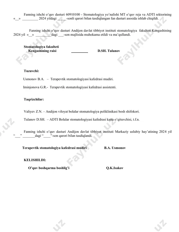 monaviy tibbiy texnologiyalar orqali klinik amaliyot bilan uyg’unlashtirgan holda qo’llashga imkon yaratadi. dasturning maqsad va vazifalarini yechimi yakunida talaba gorizontal va vertikal integrasiya jarayonlarida olgan bilim va amaliy ko’nikmalarni klinik uyg’unlashtirib, yetuk, raqobatbardosh, mustaqil klinik fikrlash qobiliyatiga ega bo’lgan umumiy amaliyot stomatologi bo’lib shakllanadi. dastur zamonaviy estetik stomatologiya asoslari va tamoyillarini o’z ichiga qamraydi, zamonaviy estetik stomatologiyada ishlatiladigan xom-ashyolar, bo’lg’usi umumiy amaliyot stomatologida klinik fikrlash, kasallik va uning belgilarini asoslash uchun zamin yaratib beradi. fan o’quv rejaning 4-kursda tanlov asosida o’qitilishi maqsadga muvofiq bo’lib, fan tugallanganidan keyin otks (oske) shaklida yakuniy nazorat bilan yakunlanadi. ushbu o’quv dastur fundamental hamda klinik fanlar bilan uzviy bog’langan ravishda o’rganiladi hamda talabalarga ambulator qabulga yetarli darajada bo’lgan asosiy ko’nikmalarni egallashlariga imkon yaratadi. fanining maqsadi va vazifalari fanni o’qitishdan maqsad - talabalarni klinik fikrlash qobiliyatini o’stirishga qaratilgan uslublarni zamonaviy pedagogik texnologiyalar orqali, ya’ni tish qattiq to’qima kasalliklarining kelib chiqish sabablari, rivojlanish mexanizmlari, va ularni davolash …