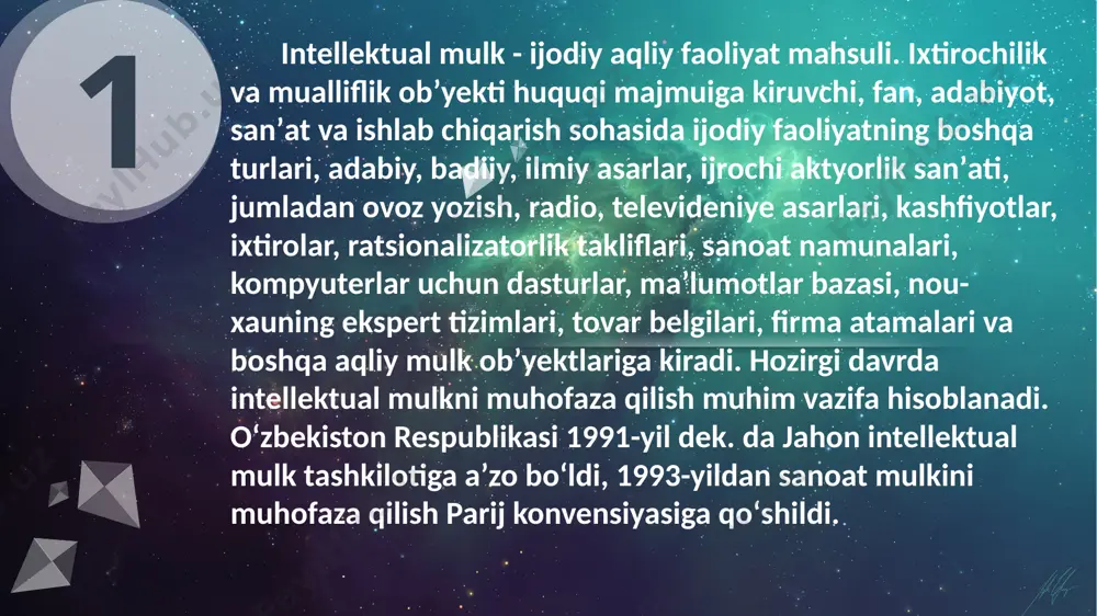 ha agentlikning va huquqbuzar yuridik shaxsning (bundan buyon matnda huquqbuzar deb yuritiladi) mansabdor shaxslari tomonidan imzolanadi. huquqbuzar (uning vakili) dalolatnomani imzolashni rad etgan taqdirda, agentlikning mansabdor shaxsi ushbu faktni ko‘rsatilgan dalolatnomaga ilova qilinadigan videoyozuv yordamida yoki ikki nafar xolis hozirligida tasdiqlashi kerak. undirilgan jarima miqdorining o‘n foizi agentlikning budjetdan tashqari jamg‘armasiga, qolgan qismi o‘zbekiston respublikasining davlat budjetiga yo‘naltiriladi. intellektual mulk huquqi – intellektual (aqliy) faoliyat natijasiga tegishli huquq. mulk egasi ana shu intellektual mulk obʼyektlaridan oʻz xohishiga koʻra, har qanday shaklda va har qanday usulda mutlaq qonuniy foydalanish huquqiga egadir. huquq egasiga mutlaq huquq asosida tegishli boʻlgan intellektual mulk obyektlaridan boshqa shaxslarning foydalanishiga faqat huquq egasining roziligi bilangina yoʻl qoʻyiladi (oʻzbekiston respublikasi fk, 1034-modda). baʼzi obyektlarga nisbatan (ixtiro, sanoat namunasi, foydali model, individuallashtirish vositalari (tovar (xizmat) belgisi, firma nomi va sh. k.)) mutlaq huquq davlatning vakolatli organi tomonidan beriladigan maxsus hujjat – patent, guvohnoma asosida vujudga keladi va huquqiy muhofaza …