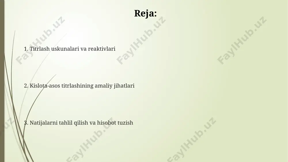 ar va 10 ml dan 100 ml gacha bo‘lgan o‘lchov kolbalaridan aniq va takrorlanuvchi natijalar olish uchun foydalaniladi. eritmalarni tayyorlash va standartlashtirish eritmani standartlashtirishda, kamida uchta parallel titrlash o'tkazilib, olingan natijalarning o'rtacha qiymatini hisoblash va standart deviatsiya (sd) ni aniqlash muhimdir. 0,1 n hcl eritmasini tayyorlashda, 36,5 g/mol mol massasiga ega bo'lgan hcl ning 8,3 g ni 1000 ml hajmga yetkazish orqali standartlashtirilgan eritma hosil qilinadi. naoh eritmasining standartlashtirilishi uchun aniq konsentratsiyali ftal kislota (standart modda) eritmasi bilan titrlash amalga oshiriladi, bu jarayonda fenolftalein indikatori ishlatiladi. titrlashning turli xil usullari potensiometrik titrlashda elektrodlarning turli xil turlari (shisha, kombinatsiyalangan) qo'llaniladi, bu esa turli xil eritmalarning ph o'zgarishlariga moslashuvchanlikni ta'minlaydi va ph ning keskin o'zgarishini aniqlashga imkon beradi. viskozimetrik titrlash, yopishqoqlikning o'zgarishini kuzatib, titrlash nuqtasini aniqlashda, masalan, polimerlarning titrlashida yuqori samaradorlikni ta'minlaydi va 0.1% gacha aniqlikni beradi. titrlashda ph-metr yordamida aniq o'lchovlar olish, 0.1 mmol/l gacha bo'lgan konsentratsiyalarni aniqlash imkonini beradi va …