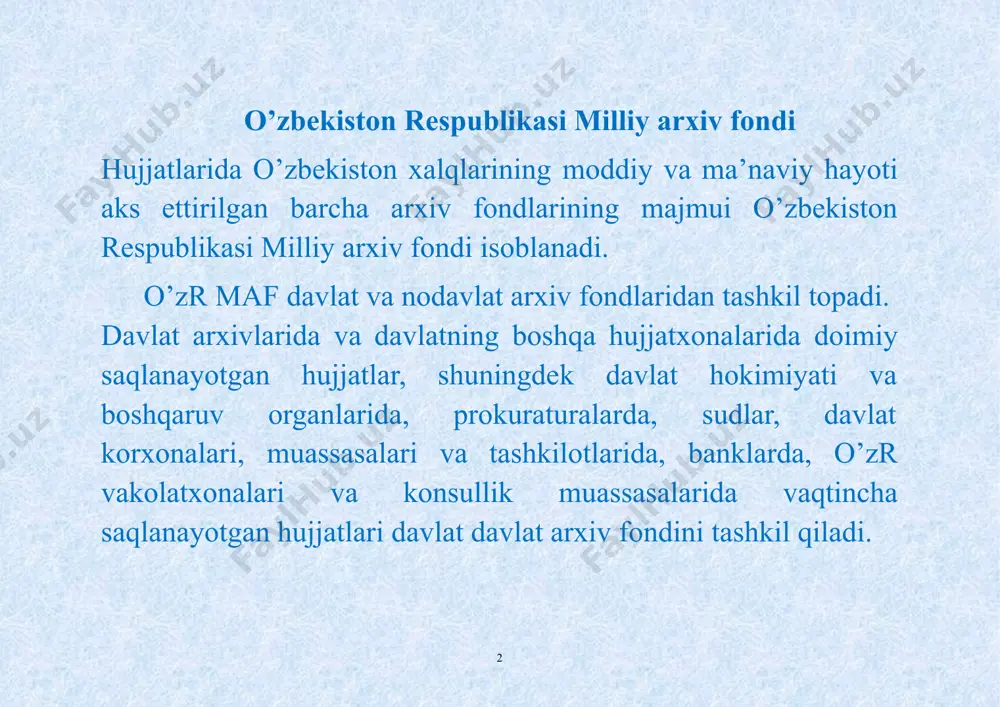 asarrufiga o’tadi. qonun bo’yicha yoki vasiyatnoma bo’yicha merosxo’rlar bo’lmasa, shuningdek arxivning egasini aniqlashning imkoni bo’lmasa, bu holda hujjatlar davlat mulkiga o’tadi. davlat arxiv fondini turkumlashtirish deganda ularni eng muhim belgilariga qarab guruhlarga bo’lish tushuniladi. hujjatlarni turkumlashtirish arxiv ishini to’g’ri tashkil etish hamda ulardan hartomonlama foydalanish uchun zarurdir. 6 daf hujjatalrining turkumlashtirish uch bosqichda amalga oshiriladi: 1) daf hujjatlarini umumiy tarzda turkumlash; 2) hujjatlarni arxiv doirasida turkumlash; 3) hujjatlarniarxiv fondi doirasida turkumlash. birinchi bosqchida dafning barcha hujjatlari turkumlanadi va qaysi hujjat qaysi arxivda saqlanishi aniqlanadi. ikkinchi bosqichda har bir arxivga taalluqli hujjatlar turkumlanib, har bir hujjatning qaysi fondda saqlanishianiqlanadi. uchinchi bosqichda har bir fondga taalluqli hujjatlar turkumlanadi va ularning fond ichida saqlanish tartibi belgilanadi. 7 daf hujjatlarini umumiy tarzda turkumlash ularni davlat arxivlariga to’g’ri taqsimlash maqsadida amalga oshiriladi. arxivshunoslikda hujjatlarni umumiy tarzda turkumlash chog’ida quyidagi asosiy belgilar hisobga olinadi: 1.hujjatlarning ma’lum bir davrga mansubligi; 2.hujjatlarning respublika yoki mahalliy muassasalar faoliyati bilan …