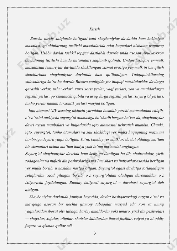 talgan. xiroj asosan mahsulot sifatida undirilgan.xirojdan tashqari «doimiy», «qonuniy», va «favqulodda» kabi boj va o‘lpon turlari mavjud bo‘lib, ularning soni o‘zaro urushlar va davlat markazlashuvi davrida yanada ko‘paygan. urush harakatlari davrida dehqonlar va hunarmandlardan olinadigan soliq «avarizot» deb atalib, u qisman pul bilan undirilgan. markaziy hokimiyat vakillari foydasiga ham maxsus soliqlar undirilgan. misol uchun, dorug‘alar foydasiga dorug‘achi yoki dorug‘alik degan soliq pul ko‘rinishida to‘langan. afsuski, shayboniylar davrida pul ko‘rinishida to‘langan o‘lpon va soliqlar haqida ma’lumotlar juda kam. shunga qaramasdan «pul» atamasi qo‘shilgan pilla puli, ko‘knor puli, savzi puli, xarbo‘za (tarvo‘z) puli kabi o‘lpon va soliqlar ham pul ko‘rinishida to‘langan bo‘lishi kerak. shuningdek, shahar aholisi hunarmandlar va do‘kondorlar maxsus soliq tamg‘a to‘laganlar. undan tashqari, yirik boylar va sudxo‘rlarga tegishli savdo rastalaridagi do‘konlarni ma’lum haq evaziga ijaraga olib, o‘z mahsulotlarini sotganligi uchun taxti joy (tagjoy) deb ataluvchi soliq ham pul bilan to‘langan.shayboniylar davlatiga qaram bo‘lgan, ko‘chmanchi turmush tarzi kechirib, chorvachilik bilan shug‘ullangan …