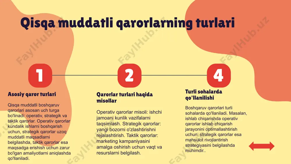 umumiy samaradorligini oshiradi. masalan, ishchilar o‘rtasida vazifalarni taqsimlash yoki inventarni boshqarish operativ qarorlar orqali amalga oshiriladi. bu qarorlar vaqtni tejashga, resurslarni to‘g‘ri taqsimlashga va muammolarni tezda hal qilishga yordam beradi. strategik qarorlar qisqa muddatli boshqaruv qarorlarini qabul qilish tashkilotning tezkor javob berish qobiliyatini oshiradi. bunday qarorlar, odatda, aniq va qisqa muddatli maqsadlarga erishish uchun zarur bo‘ladi. ular, shuningdek, umumiy strategik rejalar va tashkilotning uzoq muddatli maqsadlariga erishish yo‘lida muhim ahamiyatga ega. qisqa muddatli qarorlar, resurslarni samarali taqsimlash va raqobatbardosh ustunlikni saqlab qolish uchun zaruriy asosni yaratadi. taktik qarorlar taktik qarorlar qisqa muddatli maqsadlarni amalga oshirish uchun zarur bo'lgan qarorlardir. ular tezkor va samarali natijalarni ta'minlashga qaratilgan bo'lib, operativ faoliyatni muvofiqlashtirish va resurslarni optimallashtirishda muhim rol o'ynaydi. misol uchun, marketing bo'limi yangi mahsulotni reklama qilish uchun maxsus aktsiyalar o'tkazishi mumkin, bu esa darhol sotuvlarni oshiradi. taktik qarorlar operativ va strategik qarorlar bilan chambarchas bog'liq. ular strategik rejalashtirish jarayonida muhim o'rin tutadi, …