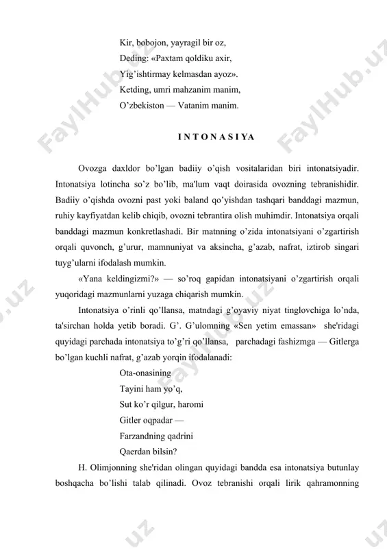 abaman. 7. sonlardagi -ta qo’shimchasi. 8. familiyalarning oxiriga qo’shilib keladigan -ov, -ova ko’shimchalari. 9. buyruq fe'lining tuslovchi qo’shimchalari: shunday o’lka doim bor bo’lsin. shunday o’lka elga yor bo’lsin- (h. olimjon). misra tarkibidagi so’zlardan birining boshqalarga nisbatan kuchli ohang bilan talaffuz qilinishi mantiqiy urg’u sanaladi. mantiqiy urg’u olgan so’z misradagi mazmunni, muallif g’oyaviy niyatini ifodalovchi asosiy so’z bo’ladi. masalan: derazamning oldida bir tup o’rik oppoq bo’lib gulladi. (h. olimjon). birinchi misradagi «bir tup», ikkinchi misradagi «oppoq» so’zlari mantiqiy urg’u oladi. bayt o’qilayotganda bu ikki so’zning boshqa so’zlarga nisbatan kuchli ohang bilan o’qilishi shoir muddaosini yorqin ifodalashga xizmat qiladi. badiiy o’qishga tayyorlanayotgan matnda uyushiq bo’laklar, takrorlangan so’zlar bo’lsa, ularning har biri mantiqiy urg’u oladi. urg’u avvalgisiga nisbatan keyingisida kuchayib boradi. masalan: bu yerda na g’urbat, na ofat, na g’am. bunda bor: harorat, muhabbat, shafqat, va mehnat nonini ko’ramiz baham. (g’. g’ulom). bu bandda uyushiq bo’laklar mantiqiy urg’u olmoqda. o’qishda ohang «g’urbat»dagidan «ofat» …