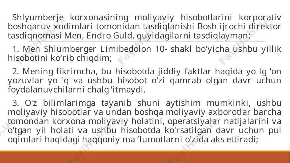 da moliyaviy hisobotlarni taqdim etish uchun qo‘llaniladigan asosiga muvofiq tayyorlangan, degan xulosaga kelgan bo‘lsa, modifikatsiyalanmagan fikr bildiradi. agar auditor: (a) olingan auditorlik dalillari asosida moliyaviy hisobotlar muhim buzib ko‘rsatishlardan holi emas degan xulosaga kelgan bo‘lsa; yoki (b) unga moliyaviy hisobotlarda muhim buzib ko'rsatishlar mavjud emas, degan xulosaga kelish imkonini beruvchi etarlicha tegishli auditorlik dalillarini olish imkoniyatiga ega bolmasa, auditor axs 705 ga muvofiq auditorlik hisoboti (xulosasi)dagi fikrni modifikatsiyalashi lozim. modifikatsiyalangan fikr - salbiy fikr bildirilgan auditorlik xulosasi, izohlar bilan fikr bildirilgan auditorlik xulosasi, fikr bildirish rad etilgan auditorlik xulosasini o‘z ichiga oladi. agar haqqoniy taqdim etish asosi talablariga muvofiq tayyorlangan moliyaviy hisobotlar haqqoniy taqdim etishni ta’minlamasa, auditor bu masalani tadbirkorlik subyekti rahbariyati bilan muhokama qilishi va, moliyaviy hisobotlami taqdim etish uchun qoilaniladigan asosi talablariga va masala qanday hal qilinganiga qarab, auditorlik hisoboti (xulosasi)dagi fikrni axs 705 ga muvofiq modifikatsiyaiash zarur yoki zarur emasligini aniqlashi lozim. auditorlik xulosasining turlari: modifíkatsiyalangan xulosa …