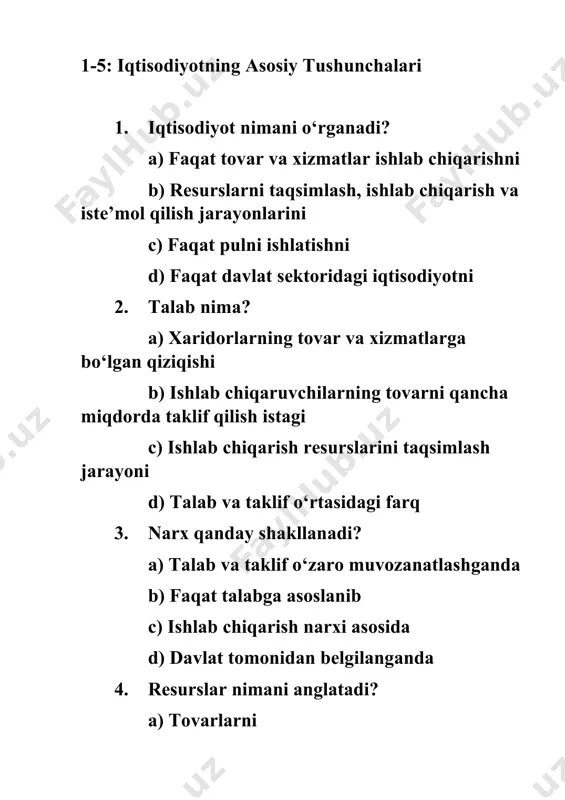 akroiqtisodiyotning asosiy mavzularidan biri nima? a) tovarlar narxi b) inflatsiya va ishsizlik c) tashqi savdo d) bank foiz stavkalari 10. agar bir mamlakatda iqtisodiy o‘sish kuzatilsa, bu qanday ko‘rsatkichga ta’sir qiladi? a) ishsizlik ortadi b) yaim oshadi c) narxlar pasayadi d) talab kamayadi 11-15: iqtisodiy tizimlar va ko‘rsatkichlar 11. bozor iqtisodiyotida qarorlar qanday qabul qilinadi? a) davlat tomonidan boshqariladi b) xaridor va sotuvchilar o‘rtasidagi kelishuv asosida c) talab va taklif asosida d) maxsus davlat agentligi tomonidan 12. rejalashtirilgan iqtisodiyotda ishlab chiqarish va taqsimot qanday boshqariladi? a) bozor tomonidan b) davlat tomonidan c) mustaqil korxonalar tomonidan d) xaridorlarning talabiga ko‘ra 13. yalpi ichki mahsulot (yaim) nimani anglatadi? a) chet elda ishlab chiqarilgan tovarlarning umumiy qiymatini b) mamlakat ichida ishlab chiqarilgan barcha tovar va xizmatlarning umumiy qiymatini c) faqat davlat sektoridagi tovar va xizmatlarni d) mahalliy ishlab chiqarishning chet el savdosini 14. inflatsiya qachon yuz beradi? a) ishsizlik ortganda b) tovar va …