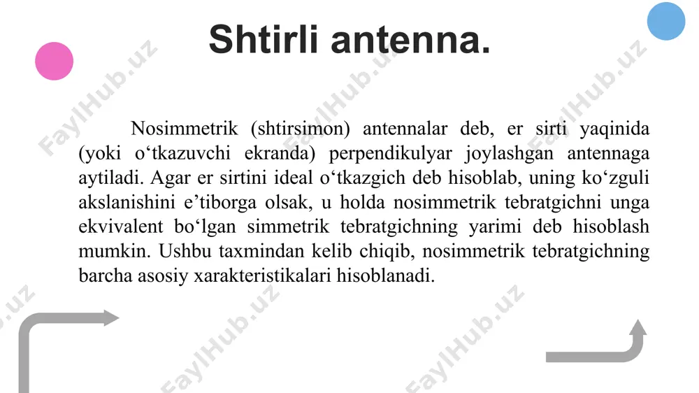 fatida ilmoqsimon shuntli tebratgichlardan foydaniladi. passiv tebratgich aktiv tebratgichga nisbatan maksimal nurlanish yo‘nalishiga qarama-qarshi bo‘lgan yo‘nalishda joylashgan bo‘lib reflektor deb nomlanadi. «reflektor» - qaytarish degan ma’noni anglatadi. aktiv tebratkichning oldida joylashgan passiv tebratkichlar direktorlar deb ataladi. “direktor” – yo‘naltirurchi, boshqaruvchi degan ma’noni anglatadi. berilgan tebratkichlar tizimi reflektordan direktorga tomon yo‘naltirilgan nurlanishni ta’minlaydi. ko‘p elementli direktorli antenna direktorli antenna o‘zida yugurma to‘lqin antennalari prinsipi bo‘yicha qo‘zg‘aluvchi chiziqli tebratkichlarni mujassamlashtiradi. odatda faqat bitta reflektordan foydaniladi, chunki ularning soni antennaning nurlatishiga deyarli ta’sir ko‘rsatmaydi. content here direktorli antennalarning afzalliklari ularni ta’minlash sxemalarini va konstruksiyalarini qurishdagi oddiylik, o‘lchamlarini kichikligi bilan bog‘liq. kamchiligi esa, tebratkichlarni va ular orasidagi masofani tanlashdagi qiyinchilikdan iborat. direktorli antennalarning tor polosali bo‘lishiga sabab, bu kabi antennalarning yo‘nalganligi ko‘p holatlarda chastotaga bog‘liq bo‘lgan faza munosabatlari bilan ifodalanadi. get a modern powerpoint presentation that is beautifully designed. contents get a modern powerpoint presentation that is beautifully designed. contents 01 02 03 04 …