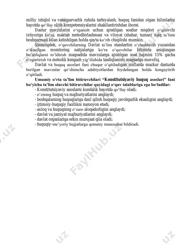 anglaydi; - ijtimoiy-huquqiy faollikni namoyon etadi; - axloq va huquqning o‘zaro aloqadorligini anglaydi; - davlat va jamiyat majburiyatlarini anglaydi; - davlat organlariga erkin murojaat qila oladi; - huquqiy-me’yoriy hujjatlarga qonuniy munosabat bildiradi. kirish darsi. 9-sinf “konstitutsiyaviy huquq” kursining maqsad va vazifalari. konstitutsiya va konstitutsiyaviy huquqning o‘zaro munosabatlari. konstitutsiyaviy huquq – yetakchi huquq tarmog‘i. davlatda umummajburiy me’yorlar tizimi. konstitutsiyaviy huquqning asosiy manbalari. konstitutsiyaga o‘zgartirishlar kiritish tartibi. i bo‘lim. konstitutsiya – davlatning asosiy qonuni (4 soat). 1-mavzu. konstitutsiyaviy huquq. 1 soat. o‘zbekiston respublikasi konstitutsiyasining asosiy mazmuni va tuzilmasi. konstitutsiyaviy huquq – huquqning oliy tarmog‘i ekanligi. konstitutsiyaga o‘zgartirish kiritish tartibi. 2-mavzu. amaliyot darsi. o‘zbekiston respublikasi konstitutsiyasi mundarijasi va tavsifi.1 soat. preambula: maqsad va vazifalari. o‘zbekiston respublikasi konstitutsiyasida qayd etilgan umuminsoniy qadriyatlar. konstitutsiyaning asosiy xususiyati – inson, uning hayoti va erkinlik oliy qadriyat deb ma’lum qilingan. o‘zbekiston respublikasi konstitutsiyasi ustunligi. 3-mavzu. o‘zbekiston respublikasi konstitutsiyasining asosiy prinsiplari. davlat suverentetligi. suveren davlat beligilari. o‘zbekiston respublikasi – …