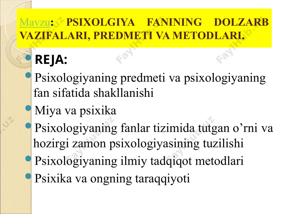 logik xususiyatlarni jonning ishi deb tushuntirilgan. jonning o’zi esa odam tanasidagi maxsus ikkilamchi jism deb qaralgan. bunday tasavvurlar "animizm" deb ataladi. animizm so’zi -anima "jon" degan ma'noni anglatadi. jon o’z mohiyatiga ko’ra olovsimon uchqundan iborat ekanligi geraklit tomonidan, yoki olovsimon atomdan iboratligi demokrit tomonidan ta'kidlangan. platonning "ideyalar tug’ma bo’ladi" degan g’oyalari psixologik fikr taraqqiyotiga juda katta hissa qo’shdi. platon ta'limotiga ko’ra "ideyalar" mohiyati abadiy va o’zgarmas, ularning tabiiy olamdan tashqarida oliy olam mavjud bo’lib, ularni odam ko’zi bilan ko’ra olmaydi. platonning dualizm shogirdi arastu (aristotel eramizdan oldingi iv asr 384-322 yillar) tomonidan birmuncha muvaffaqiyatli bartaraf etildi. aristotelning "jon haqida" asari o’sha davrdayoq psixologiya maxsus fan sifatida maydonga kela boshlaganidan dalolat beradi. ana shu tufayli psixologiya jon haqidagi fan sifatida maydonga kelgan va hozirgi kunda psixologiya fani o’z mazmunini batamom o’zgartirgan arastu kishilik tafakkuri tarixida birinchi bo’lib ruh va jonli tananing ajralmasligini isbotlab berdi. unga ko’ra, jon qismlarga bo’linmaydi, lekin u …