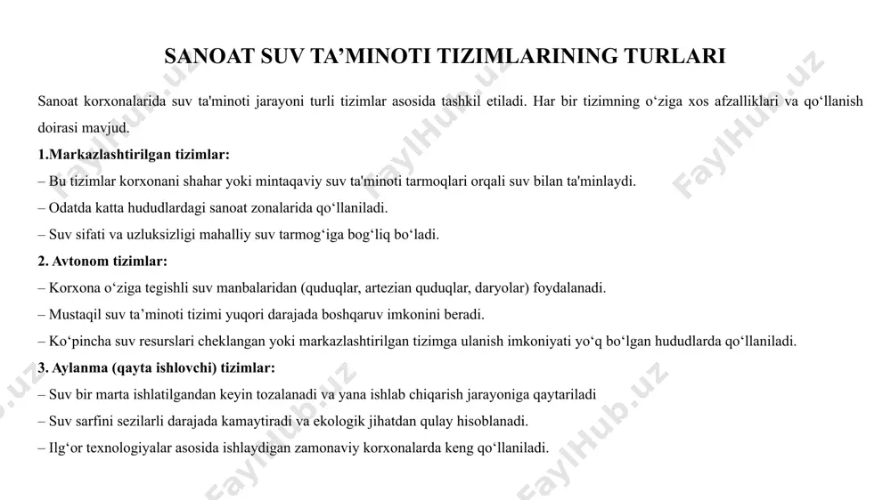 izimda nosozliklar va suv oqishlariga sabab bo‘ladi. tuz va mineral cho‘kindilar esa suv aylanish yo‘llarini toraytiradi, sovutish samaradorligini pasaytiradi va energiya sarfini oshiradi. biologik o‘simtalar, jumladan algalar va bakteriyalar, suvning sifatini yomonlashtirib, sanitariya xavflarini yuzaga keltiradi.bunday muammolarni bartaraf etishda kimyoviy reagentlar va maxsus ingibitorlardan foydalanish yaxshi natija beradi. ular korroziyani oldini oladi, minerallarni eritadi yoki ularning cho‘kishini sekinlashtiradi. suvni mexanik va kimyoviy filtrlash, ultrabinafsha nurlanish yoki xlorlash orqali tozalash orqali mikroorganizmlarni yo‘q qilish mumkin. bu usullar tizimni uzoq muddat samarali ishlashini ta’minlaydi. suvni tozalash usullari sanoat korxonalarida aylanma yoki oqava suvni qayta ishlashda zamonaviy tozalash usullaridan foydalanish zarur. tozalash texnologiyalarining tanlanishi suv tarkibiga, ifloslanish darajasiga va ishlab chiqarish ehtiyojlariga bog‘liq bo‘ladi. kimyoviy tozalash — suvdagi zararli birikmalarni reagentlar yordamida parchalash yoki neytrallash usuli. bu usul orqali og‘ir metallar, kislotalar, ishqorlar va boshqa kimyoviy moddalarning zarari kamaytiriladi. fizikaviy tozalash — mexanik usullar yordamida suvdagi qattiq zarrachalar va loyqalikni ajratishdan iborat. bunga …