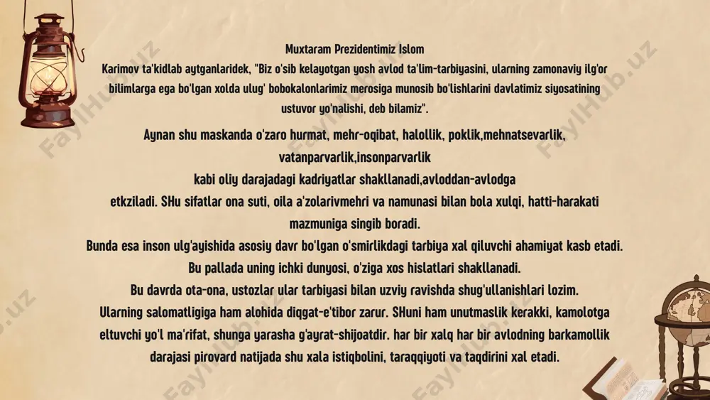 asa bug'doy, sholi ekib, unib-o'stiribm, yig'ib - terib, bir yil rohatni ko'radi. agarda, u 10 yil shunday yashashni xohlasa mevali daraxt ekib bog' yaratadi va rohatini ko'radi. inson bir umr rohat-farog'atdam baxtli-saodatli umr kechirishni xohlasa oqil va dono, solih va soliha, tarbiyali komil farzandlarini voyaga yetkazadi. chunki, hamma havas giladigan tarbiyali farzandlar nafagat ota-ona balki, oila, jamiyat va yurt ravnagining bosh negizidir. barchamizga malumki, oila hayotning abadiyligini ta'minlaydi. bu dargoh yurt farzandlarini jamiyat va elga manfaatli jismonan va sog'lom bo'lib voyaga yetishini ta'minlovchi, millatning urf-odatlari va an'analarini saqlovchi tarbiya o'chog'i hamdir. oila jamiyatning eng asosiy bo'g'inidir. yurt ravnaq topishi, biz bunyod etayotgan oilalarga bog'ligdir. oila - havasli bo'ston xulosa thank you image1.jpeg image2.png image3.png image4.png image5.png image6.jpeg image7.jpeg image8.jpeg /docprops/thumbnail.jpeg