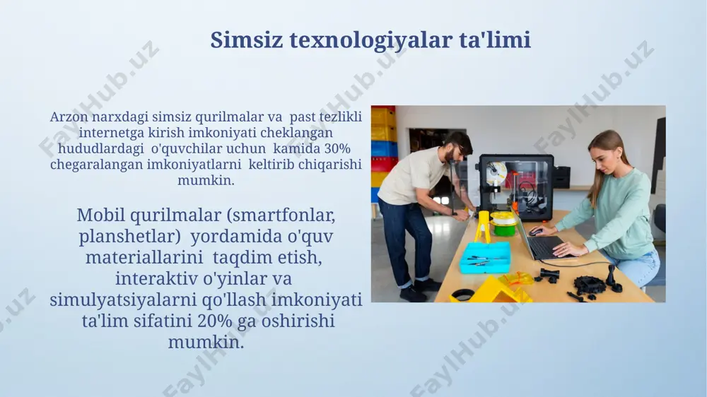 haxsiylashtirilgan o'quv rejalarini avtomatlashtirish mumkin, bu esa o'qish samaradorligini 20% ga oshiradi. real vaqt rejimida talabalar faoliyatini kuzatish orqali o'quv jarayonini 30% ga tezlashtirish va natijalarni yaxshilashga yordam beradigan real vaqtda shaxsiylashtirilgan tavsiyalar berish mumkin. windows operatsion tizimi windows operatsion tizimi 11 ning yangi versiyasi, avvalgisiga nisbatan 40% tezroq ishlaydi va xotiradan 2 marta samarali foydalanadi, bu esa ko'p dasturlarni bir vaqtning o'zida ishlatish imkoniyatini oshiradi. windows server operatsion tizimining 2022 versiyasi, virtualizatsiya texnologiyalariga qo'shimcha yaxshilanishlarni o'z ichiga oladi va 1000 dan ortiq virtual mashinalarni qo'llab-quvvatlaydi. interaktiv o'quv materiallari interfaol o'yinlar va testlar orqali taqdim etilgan interaktiv materiallar, 5 dan 10 yoshgacha bo'lgan bolalar uchun bilim olish jarayonini 2 barobar tezlashtiradi va motivatsiyani oshiradi. zamonaviy interaktiv o'quv platformalari, o'rtacha 7 ta turli xil interaktiv vositalarni qo'llab-quvvatlab, o'quv jarayonini individualizatsiya qilish imkonini beradi va turli o'rganish uslublariga moslashuvchanlikni ta'minlaydi. e'tiboringiz uchun rahmat @taqdimot_robot image4.png image5.jpg image6.jpg image7.jpg image8.jpg image9.jpg image10.jpg image11.jpg …