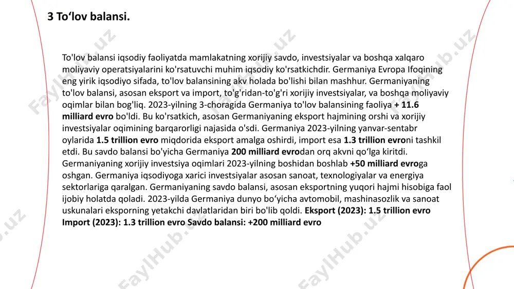 sanoat sektori, ayniqsa avtomobil sanoati, mashinasozlik va kimyo sanoatida mustahkam o‘sishga erishdi. sanoat sektori germaniyaning yimining 30-35% ini tashkil etadi. xizmatlar sektori: xizmatlar sektori germaniyaning yimiga eng katta hissa qo'shgan sektor bo'lib, 55-60% ni tashkil etdi. bu sohada moliya, texnologiyalar va sog'liqni saqlash xizmatlari muhim o'rin tutadi. qishloq xo'jaligi sektori: germaniya qishloq xo'jaligi sektori yimning 1-2% ini tashkil qiladi. bu sektor iqtisodiyotda nisbatan kichik o'ringa ega bo'lsa-da, eksport va ichki ehtiyojlarni qondirishda muhim ahamiyatga ega. 5 yalpi ichki mahsulot. ... t.me/slaydai_bot germaniya iqtisodiyoti uchun eksport va import juda muhim o‘rin tutadi. germaniya dunyodagi eng yirik eksportchilaridan biri hisoblanadi va uning eksporti global iqtisodiy aloqalarda muhim rol o'ynaydi. shuningdek, germaniya o'zining iqtisodiy o'sishiga ta'sir etuvchi importga ham katta e'tibor beradi. germaniyaning eksporti 2023-yilda 1.55 trillion evroni tashkil etdi. bu dunyodagi eng yirik eksportchi davlatlardan biri bo'lishiga imkon beradi. germaniya eksportida yuqori sifatli sanoat mahsulotlari, mashinalar, kimyoviy mahsulotlar, avtomobillar, elektr uskunalar, farmatsevtika …