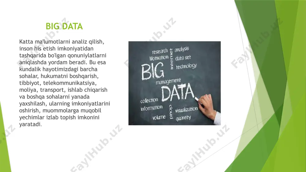 irish imkonini berdi. shuningdek, tizimning noto'g'ri signallari bilan bog'liq muammolar hal qilindi - ularning soni yarmidan ko'piga kamaytirildi. big data hozirgi vaqtda ma’lumotlar oqimining oshib borishi va qayta ishlanadigan ma’lumotlar koiami ko‘payishi bu ma’lumotlarni noodatiy holda saqlash hamda qayta ishlashni taqozo qilib bormoqda. bundan kelib chiqib katta hajmdagi ma’lumotlarni qayta ishlashga moijallangan axborot tizimlaridagi ma’lumotlarni big data sifatida qarash hamda big data algoritmlari asosida qayta ishlash bir qancha samaradorliklarga olib keladi. big data ijtimoiy-iqtisodiy jarayonlarni avtomatlashtirilgan holda boshqarishni tashkil qilish, avtomatlashtirilgan tizimlar tarkibidagi ma’lumotlarni big data sifatida qayta ishlash algoritmlarini ishlab chiqish hamda big data sinfidagi ma’lumotlar ishonchliligini ta’minlash asosiy vazifalardan biri hisoblanadi. mazkur tadqiqot ishida katta hajmdagi (big data) ma’lumotlarning xarakteristikalari va katta hajmdagi ma’lumotlarning o’rganilganlik darajasi tizimli tahlil qilingan big data katta hajmdagi ma’lumotlarda uchraydigan muammolar va bu muammolami hal etishning yondashuvlari batafsil keltirilgan. bundan kelib chiqib katta hajmdagi ma’lumotlarni qayta ishlash toiiq o’rganilmagan va katta hajmdagi ma’lumotlarni …