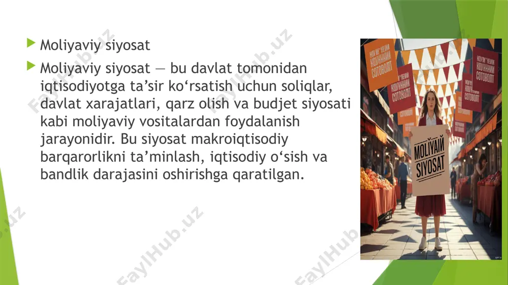 3. davlat qarzi va budjet balansini boshqarish davlatning xarajatlari daromadlaridan oshib ketsa, u qarz olishga majbur bo‘ladi. davlat qarzi: ichki qarz – mahalliy investorlar yoki banklardan qarz olish. tashqi qarz – xalqaro moliyaviy institutlar yoki boshqa davlatlardan kredit olish. agar davlat qarzi haddan tashqari oshsa, u inflyatsiya va milliy valyutaning qadrsizlanishiga olib kelishi mumkin. moliyaviy siyosat turlari moliyaviy siyosatning ikki asosiy turi mavjud: ekspansion moliyaviy siyosat (faollashtiruvchi) soliqlarni kamaytirish davlat xarajatlarini oshirish ish o‘rinlarini yaratish va iqtisodiy faollikni rag‘batlantirish kamchiliklari: inflyatsiyaning oshishi va budjet taqchilligining kuchayishi restriktiv moliyaviy siyosat (cheklovchi) soliqlarni oshirish davlat xarajatlarini qisqartirish inflyatsiyani kamaytirish va davlat qarzini nazorat qilish kamchiliklari: iqtisodiy o‘sishning sekinlashishi va ishsizlikning oshishi moliyaviy siyosatning makroiqtisodiy ta’siri 1. inflyatsiya va moliyaviy siyosat agar davlat iqtisodiyotni rag‘batlantirish uchun ortiqcha pul kiritib yuborsa, bu inflyatsiyaga olib kelishi mumkin. shuning uchun restriktiv siyosat orqali inflyatsiyani nazorat qilish muhim. ishsizlik darajasi va moliyaviy siyosat ekspansion siyosat orqali yangi …