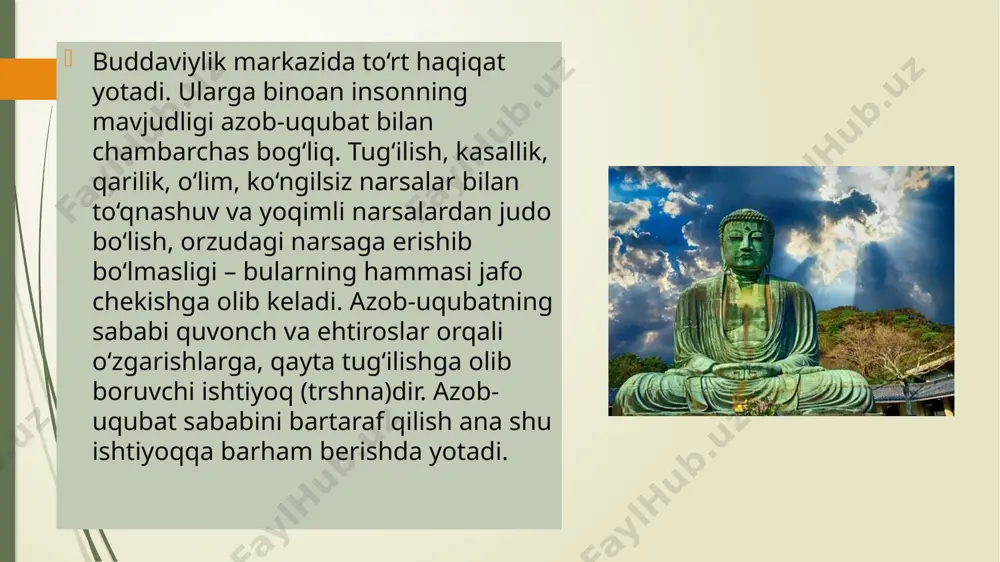 sh ularga sajda qilish va ular ismini yodga olish bilan bog‘liq ekanligi ta'kidlandi. eramizning boshidan boshlab buddaviylikning ikki asosiy yo‘nalishi – xinayana (ikki g‘ildirakli kichik arava) va mohayana (katta yoki keng ikki g‘ildirakli arava) shakllandi. ikki g‘ildirakli arava yoki deganda shunday vosita tushuniladiki, ushbu an'anaga e'tiqod ko‘yganlarni maksadga, ya'ni nurlangan holatga olib boradi. umuman bu ikkala yo‘nalish ham buddaviylik uchun umumiy bo‘lgan asosan intilishi lozim bo‘lgan orzu va maqsadni tushunishdadir. xinayanada umuminsoniy emas, balki o‘zining muammolarini bartaraf etish yotadi, ya'ni o‘z shaxsining ko‘ngli nurlanishiga erishib, ozod inson maqomi bo‘lgan – arxat darajasini qo‘lga kiritish nazarda tutiladi. mohayanada asosiy maqsad botxisattva orzusiga erishishdir. botxisattva – «nurlangan borliq» ma'nosini anglatadi. bu shunday zotdirki, oliy ruhiy uyg‘onishga ega bo‘lsa ham, o‘zining ketidan boshqalarni ergashtirish va barcha aqliy mavjudotlarni umumiy tarzda najot topishlari uchun ularga yordamlashish maqsadida abadiy tinchlik, ya'ni nirvonaga ketishga qaror qilmagandir. mohayana an'analari xitoy, quriya va yaponiyada yoyildi. xulosa eramizning boshiga …