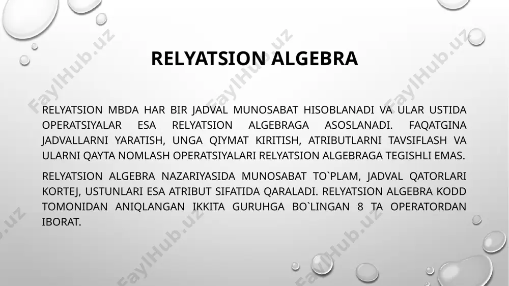 im. 1-misol sexlardan avvalgi oylarda olingan yangi mahsulotlar haqida kelgan hisobotlarni birlashtirish lozim. u “mahsulot chiqarish” umumiy jadvaliga o`xshash quyidagi ma`lumotlardan tashkil topgan: “sex nomeri”, “mahsulot kodi”, “chiqarilgan sana”, “soni”. hisobotlarni birlashtirish uchun: mahsulot chiqarish (sex nomeri, mahsulot kodi, chiqarilgan sana, soni) kortejiga yangi mahsulot (sex nomeri, mahsulot kodi, chiqarilgan sana, soni) kortejlari qo`shiladi. 2-misol munosabatlar kesishuvini cheklov va tasvir (proektsiya) operatsiyalarinig bajarilishi orqali ko`ramiz. bizda atributlari o`zaro mos tushuvchi munosabatlar mavjud bo`lsin, ya`ni: imtihon vedomosti(guruh, zachetka (reyting daftarcha), talaba f.i.o., fan, sana, baho). guruh sinov talaba f.i.o. fan sana baho 1 1 karimov i.b. informatika 15.02.2013 a`lo 1 2 olimov s.t. informatika 15.02.2013 qoniqarli 1 3 sobirov u.s. informatika 15.02.2013 qoniqarli guruh sinov daf talaba f.i.o. fan sana baho 1 1 karimov i.b. matematika 17.02.2013 yaxshi 1 2 olimov s.t. matematika 17.02.2013 qoniqarli 1 5 alieva g.g. matematika 17.02.2013 a`lo guruh sinov daf. talaba f.i.o. fan sana baho 1 …
