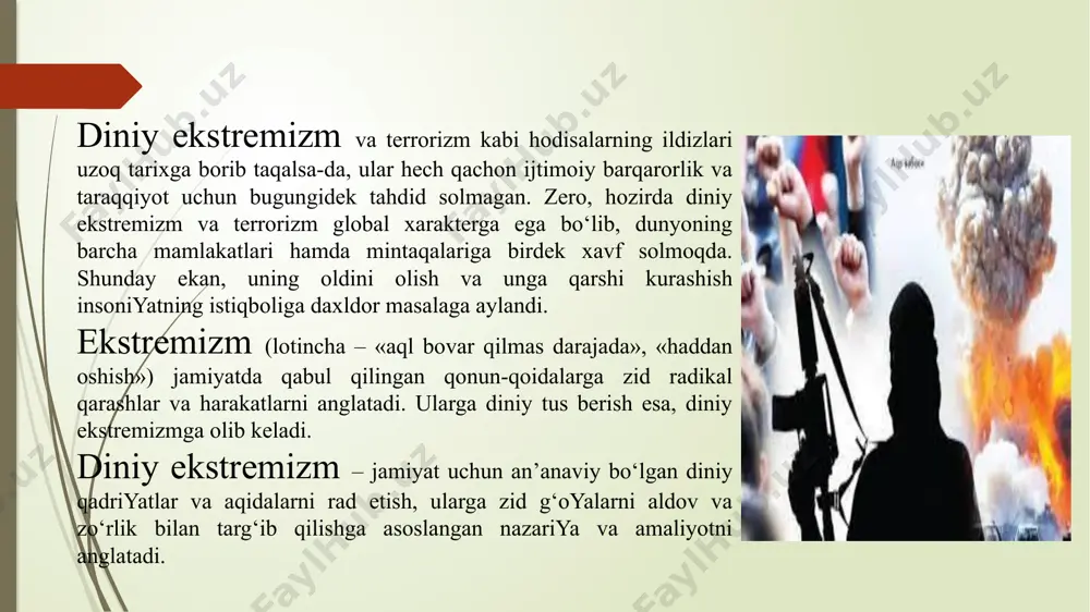 ani qo‘llash» degan ma’nodagi ta’rifi qabul qilinishiga erishilgan. 1937 yilda 20dan ortiq davlat terrorizmning oldini olish va bunday harakatlar uchun jazolash haqidagi konvensiyani imzoladi o‘zbekiston respublikasida diniy ekstremizm va terrorizm xavfini oldini olishning huquqiy asoslari. o‘zbekistonda shakllanayotgan huquqiy demokratik davlat va fuqarolik jamiyati o‘ta murakkab va mashaqqatli siyosiy jarayonga asoslangan. bir tomondan, eski sovet tuzumidan qolgan salbiy meros demokratik o‘zgarishlarga qarshilik ko‘rsatsa, ikkinchi tomondan, ayrim siyosiy kuchlar xalqimiz tanlagan dunyoviy taraqqiyot yo‘liga raxna solib, uni izdan chiqarish va diniy maqomga burib yuborishga harakat qilmoqda. bu «ayrim siyosiy kuchlar» diniy ekstremizm va terrorizmning bevosita ilhomchilari va bajaruvchilari bo‘lib, ular o‘zlarining nopok siyosiy maqsadlari yo‘lida inson va jamiyatning eng nozik tuyg‘usi dindan foydalanishga urinmoqda. terrorizmga qarshi kurash dastavval uni oziqlantiruvchi g‘oyaviy-ma’naviy va moliyaviy-iqtisodiy manbalarni zararsizlantirishni taqozo etadi. shu munosabat bilan 2006 yilning 1 yanvaridan kuchga kirgan «jinoiy faoliyatdan olingan daromadlarni legallashtirishga va terrorizmni moliyalashtirishga qarshi kurash to‘g‘risida»gi qonun jinoiy faoliyatdan olingan daromadni …