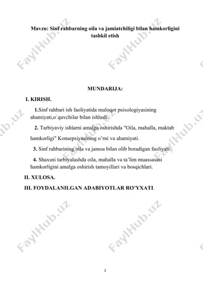 sinf rahbarning oila va jamiatchiligi bilan hamkorligini tashkil etish — DOCX