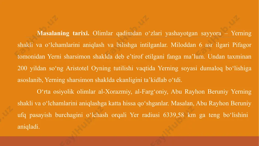 fan va texnikaning turli sozalarida xilma-xil koordinata sistemalari kullaniladi. geodeziyada asosan geografik koordinata, tugri burchakli koordinata va kutbiy koordinata sistemalaridan foydalaniladi. geografik koordinata katta territoriyalarda geodezik tayanch shoxobchalari utkazish natijalarini ishlab chikishda, yerning shakli va kattaligini aniklashda, yer sun’iy yuldoshlarini kuzatishda, kosmik triangulyatsiya utkazishda va boshka masalalarni yechishda kullaniladi. yer sun’iy yuldoshlarini kuzatishda va boshka maxsus masalalarni yechishda fazoviy tugri burchakli koordinata sistemasidan foydalaniladi. 2. kartalarning geodezik asosi yerning tabiiy yuzasi balandlik va chukurlik, toglik va tekislik, tizma tog‘ va vodiylardan iborat. utkazilgan geodezik ulchashdan foydalanib yer yuzidagi nuktalarning koordinatalari yea balandliklarini disoblab chikarishda yerning umumiy shakliga uxshash va uni ifodalay oladigan ma’lum bir yuza boshlangich deb kabul kilinadi. geodeziyada boshlangich yuza kilib yerning asosiy sathiy yuzasi olingan. yer yuzidagi har bir nuktadan sathiy yuza utkazish mumkin. sathiy yuza uziga xos xususiyatga ega bulib, uning barcha nuktalarida shovun chiziri (ipga osilgan yuk yunalishi) perpendikulyar yunalgan buladi, ya’ni sathiy yuza yer …