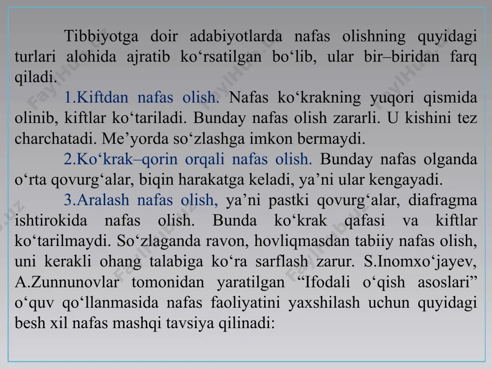 ayib turishi modulyatsiya deb yuritiladi. so‘z ijrochiligi san’atida ovoz modulyatsiyasining ahamiyati juda katta. chunki bir xil ohangdagi – monoton ovoz zerikarli bo‘lsa, modulyatsiyaga boy ovoz o‘zining ohangdorligi bilan tinglovchiga xush yoqadi. ifodali o‘qish san’ati. masalan: asarda qahramonning keskin tug‘yoni, g‘azabi ehtirosli. shiddatli. ba’zan uzuq–vuluq ovoz bilan ifodalanadi (o‘qiladi). qo‘rqinch esa, ezilgan dovdiragan va g‘amgin ovoz bilan ifodalanadi. dadillik – tarang, qat’iy, jadallik va shafqatsizlikni bildiruvchi g‘azabnok ovozda ijro etiladi. tushkunlik esa, bosiq, bo‘g‘iq va noxush, qattiq ovoz bilan ijro etiladi. ovoz va nafasni chiniqtiruvchi mashqlar. ovoz va nafasni chiniqtirish uchun m, n, ng, l, r sonor tovushlariga unlilami qo‘shib talaffuz qilish mashqlari ham yaxshi natija beradi. shuningdek, tez aytish mashqlari ham ba’zi tovushlami to‘g‘ri talaffuz etish ko‘nikmalarini hosil qiladi. mashq. berilgan harf birikmalarini to‘g‘ri talaffuz bilan o‘qing. har bir qatomi bir nafasda o‘qishga harakat qiling: mi, me, ma, mo, mo‘, m , mi; ni, ne, na, no, no, nu, ni; …