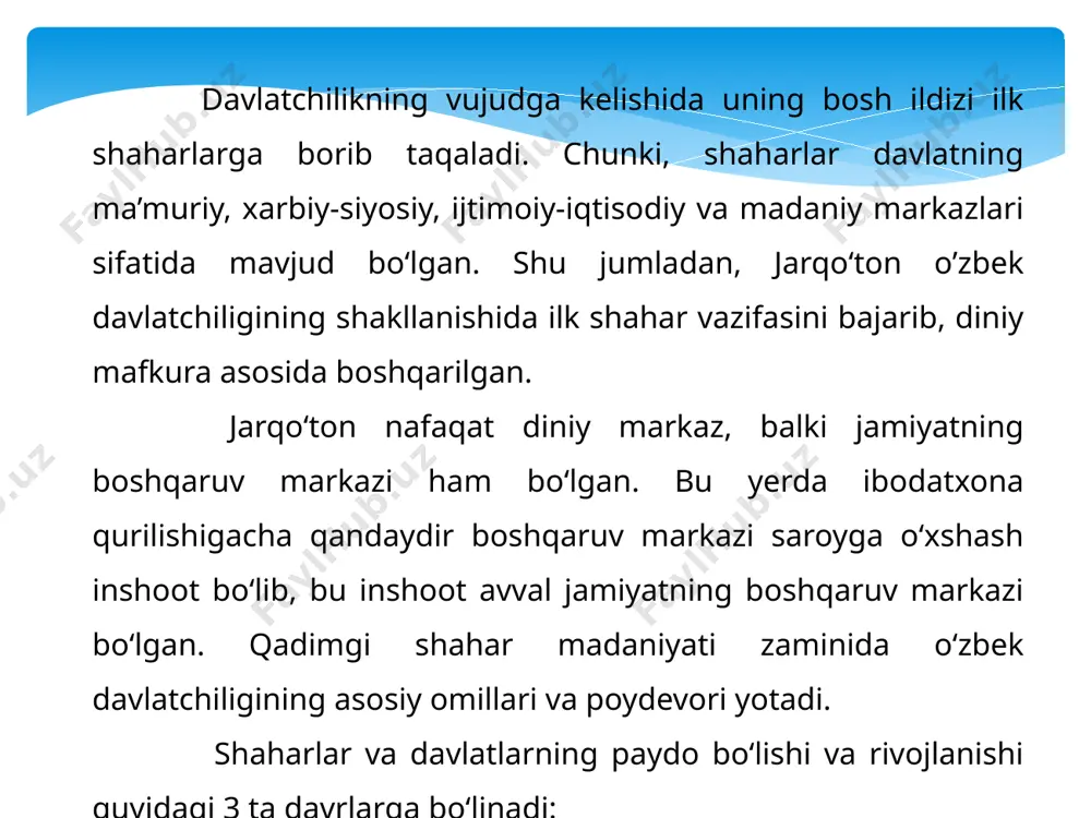b chiqarish ustaxonasi, uy-joy komplekslari ochib o‘rganilgan. agar sopollitepa o‘zining qadimgi shaharsozlik madaniyatiga xos barcha alomatlari bilan protoshahar ya’ni avestoda tilga olingan “vara” qal’a-qo‘rg‘onni eslatsa, jarqo‘ton yodgorligi o‘zbekiston hududida tarkib topgan eng qadimgi ilk shahar edi. jarqo‘tonda topilgan ashyoviy dalillar uni mil. avv. ii mingyillikning o‘rtalariga ta’luqli ekanligini tasdiqlaydi. shu davrga oid o‘nlab yodgorliklar butun janubiy o‘zbekiston bo‘ylab va tojikistonning unga tutash 2 hududlaridan topib o‘rganilgan. ular orasida shahar talabiga javob berishi mumkin bo‘lgan yodgorlik jarqo‘ton bo‘lib u o‘z davrining nafaqat yirik shahri balki qadimgi baqtriya podsholigining bosh shahri bo‘lgan. jarqo‘ton yodgorligida uzoq yillar davomida izlanishlar uni dastlab qadimgi sharq sivilizatsiyasiga xos ilk dehqonchilik madaniyati yodgorligi sifatida tavsif etilgan bo‘lsa, keyingi tadqiqot natijalari jarqo‘tonni ilk shahar sifatida izohlashga imkon berdi. jarqo‘ton ibodatxonasida olib borilgan tadqiqot natijalari zardushtiylik dinining ilk kurtaklari mil. avv. ii mingyillikning ikkinchi yarimida paydo bo‘la boshlaganligini tasdiqlamoqda. bu yerda ochilgan ibodatxona va otashgohlar bronza davrida qadimgi dehqon …