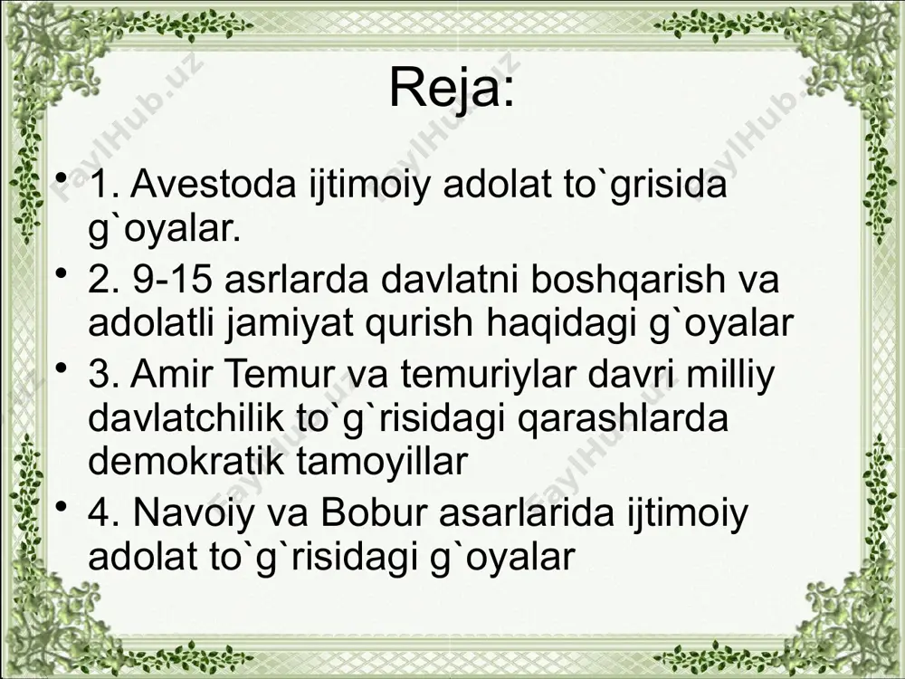 hilik tamoyili sifatida qayd etiladi. darhaqiqat, adolat so’zining zamirida qancha-qancha hikmat bor, har bir inson qalban, jisman adolatga intiladi. adolat to’g`risidagi g`oyalar yusuf xos hojibning «qutadg`u bilig» asarida ham o’z ifodasini topgan. unda mamlakat boshlig`i bo’lish uchun kishi andishali, pokiza xulqli, aql-idroki kuchli bo’lishi, g`aflatda qolmasligi, yolg`on gapirmasligi shart degan yo’l-yo’riqlar berilgan. muallifning ta’kidlashicha, el uchun ikki narsa mustahkam tayanchdir: biri hushyorlik, ikkinchisi adolat. adolat haqidagi g`oyalar abu ali hasan ibn ali tusiy — nizomulmulk siyosiy-huquqiy qarashlarida, xususan uning «siyosatnoma» asarida keng aks etgan. davlat arbobi, buyuk sohibqiron amir temur mamlakatni boshqarishda, avvalo, yurtning osoyishtiligi, raiyatning ijtimoiy ahvoli, qolaversa, saltanatning sobitligi va, nihoyat, podshohning kelajagi vazirning donoligiga bog`liqligiga katta e’tibor qaratgan. amir temur davlat ishlarini yuritishda ulamolar, ilm-fan ahli, umuman o’n ikki ijtimoiy tabaqaga tayangan, ularning ijtimoiy ahvoliga qarab munosabatda bo’lgan, iqtidori loyiq mansabga ta­yinlagan, ilm-ma’rifat taraqqiyot asosini belgilab beradigan hayotiy omillardan biri ekanini chuqur anglagan holda o’z davrining eng …