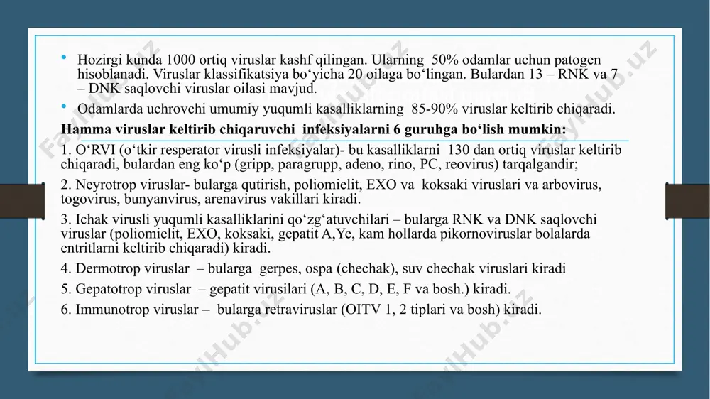 filoviridae rrhab doviridae coronaviridae paramyxoviridae orthomyxoviridae paramiksoviruslar oilasi (paramyxoviridae) paramiksoviruslar oilasi (lotincha para — o'xshash, yaqin) odamlarga nisbatan patogen bo‘lgan 4 avlodni: paramyxovirus morbillavirus pneumovirus birinchi avlodga odamlarda paragrippni qo‘zg‘atuvchi virusni (opgv) 1-4 tiplari, ikkinchi avlodga epidemik parotit (tepki), uchinchi avlodga qizamiq virusi, to’rtinchi turkumga pc viruslari kiradi. rubulavirus paramiksoviruslar oilasi (paramyxoviridae) morfologiyasi paramiksoviruslar murakkab tuzilgan bo‘lib, sferik shaklga ega, o‘lchami 150-200 nm. bu virus rnk tutuvchi viruslar ichida eng yirigi hisoblanadi. virus genomi bir ipli rnk dan iborat. nukleokapsid tashqi tomondan lipid-uglevod-protein qobig‘i bilan o'ralgan bo‘lib, unda tikansimon o‘simtalar joylashgan, nukleokapsid spiral simmetriya tuzilishiga ega. nukleokapsid tarkibida bir necha virusga xos fermentlar bor, jumladan rnk -polimeraza (transkriptaza). nukleokapsid tashqi qobiqning ichki tomonidan qoplab turuvchi matriks oqsil bilan o'ralgan. tashqi qobiq hujayralardan hosil bo‘lgan 2 ta lipid qatlami va 3 ta virusga xos oqsildan tashkil topgan. shulardan 2 ta oqsil o‘simtalar tarkibiga kiruvchi glikoprotein n h bo‘lib, gemagglutinatsiya qilish xususiyatiga …