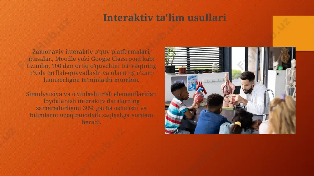 interaktiv usullar individual yondashuv va kichik guruhlarda (3-5 kishi) samaraliroq natijalar beradi. an'anaviy ta'limda o'qituvchi 80% vaqtni ma'ruza qilishga sarflaydi, interaktiv usullarda esa bu nisbat 50/50 ga yaqinlashadi yoki hatto o'quvchilarning faol ishtiroki yuqori bo'ladi. e'tiboringiz uchun rahmat @taqdimot_robot image3.png image4.jpg image5.jpg image6.jpg image7.jpg image8.jpg image9.jpg image10.jpg image11.jpg image12.jpg image13.jpg image1.png