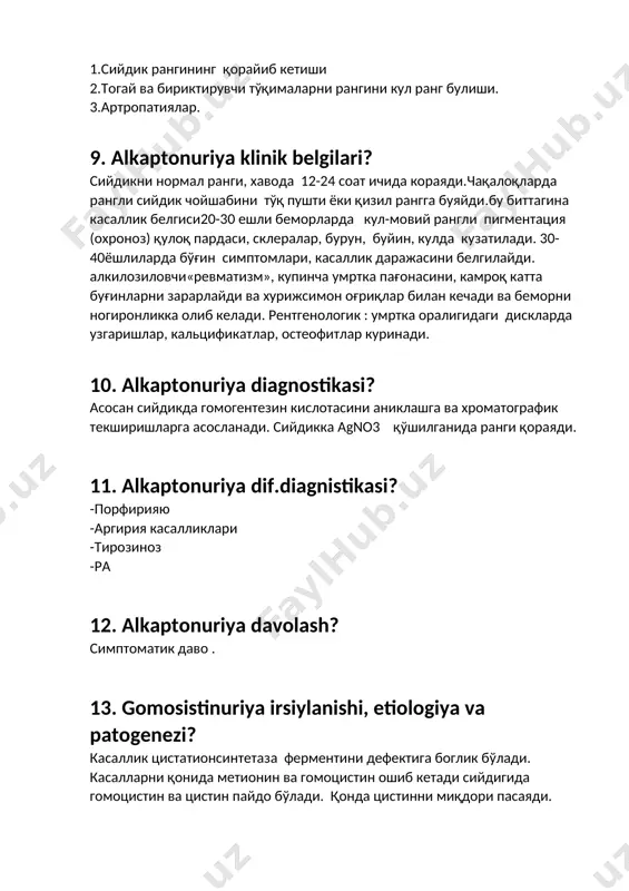 belgilari? 1.скелет томонидан: -танаси калта, оёк-кўллари узун, кифосколиоз боши «минорасимон» -тишлари нотўғри, тишлаши бузилган кураклари «қанотсимон», -кўкрак қафаси «воронкасимон», ясси товонлик, остеопороз; 2. нерв системаси томонидан: -интеллекти пасайиши -гемипарез -гемиплегия -спастик юриш - эписиндром 3. кўз томонидан: -кўришни пасайиши -иккиламчи глаукома -кўз гавхарини ўрнидан чиқиб кетиши 4. юрак кон-томир системаси томонидан: -миокардит артериялар ва веналар тромбози 5. ташки фенотипи: -сочлари юмшок, жингалак, малла рангли, кўзлари кўк. 1. gomosistinuriya diagnostikasi? қон ва сийдикда метионин ва цистинни миқдорини, жигарда цистатион синтетаза ферментини фаоллигини аниклаш. клиник-генеологик текширув 1. gomosistinuriya dif.diagnistikasi? марфан касаллиги . марфан касаллигида юракда асосан митрал ва аортал клапанларни нуқсони бўлади, интеллекти деярлик ўзгармайди, эписиндром бўлмайди ва гемипарезлар кузатилмайди. 1. gomosistinuriyani davolash? -диетотерапия -симптоматик даво