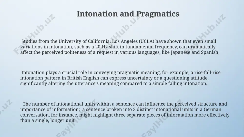 phrase, for instance, in a sentence spoken in new york the role of juncture in iu studies from the university of edinburgh demonstrate that the duration of pauses between ius, measured in milliseconds (ms), correlates with the perceived grammatical structure juncture, the perceived break or pause between intonational units (ius), significantly impacts the interpretation of spoken utterances the type of juncture—open (silence) or close (no perceptible pause)—influences the interpretation of syntactic ambiguity simple intonational units the typical duration of a siu in conversational english ranges from 0.5 to 2.5 seconds, and these units are frequently marked by a noticeable pause or a significant shift in pitch, like a falling terminal tone in american english. analysis of sius in recordings from native speakers in tokyo revealed that 90% of utterances comprised of less than 10 words displayed a simple declarative intonation pattern, aligning with basic syntactic structures. simple intonational units (sius) …