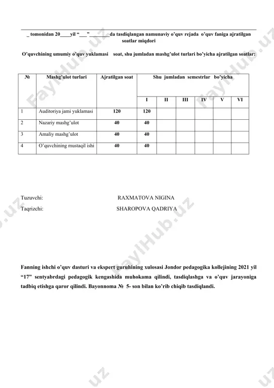 sh va sog‘lom turmush tarzini shakllanishi soha kompetensiyalarini; · turli yosh guruhlarda jismoniy rivojlanishva sog‘lom turmush tarzini shakllantirish bo’yicha ta’limiy tarbiyaviy faoliyatni rejalashtirish va tashkil etishni; · maktabgacha ta’lim tashkilotlarida o‘tkaziladigan saflanish qayta saflanish, asosiy harakat mashqlari-sakrash, emaklash, tirmashib chiqish, uloqtirish va muvozanatni saqlash mashqlarini; · buyumlar va buyumlarsiz o‘tkaziladigan umurivojlntiruvchi mashqlarni; · harakatli o‘yinlarni rejalashtirish va o‘tkazish, o‘zbek milliy va sport elementi bo‘lgan o‘yinlarni; · jismoniy tarbiya mashg’ulotlarini o‘tkazishni; · sog‘lomlashtiruvchi tadbirlarni tashkil etishni; · jismoniy tarbiya ishlarini hisobga olishva rejalashtirishni; ko’nikma: fanni o’rganish natijasida o’quvchilar quyidagi ko’nikmalarga ega bo’lishlari kerak: · yozgi sog‘lomlashtirish ishlarini tashkil etish; · ertalabki badantarbiya mashqlarini rejalashtirish va o‘tkazish, sport musobaqalarini tashkil etish; · ta’limiy – tarbiyaviy faoliyt jarayonida jismoniy daqiqalarni tashkil etishni; · musiqa ostida jismoniy tarbiya mashg‘ulotlarini o‘tkazish; · mavzuga mos ko‘rgazmali qurollar va vositalarni tayyorlash; · bolalarni jismoniy rivojlantirishda sog‘lomlashtiruvchi tadbirlarni tashkil etishni; jismoniy rivojlantirish, sog‘lom turmush tarzini shakllantirish bo‘yicha turli …