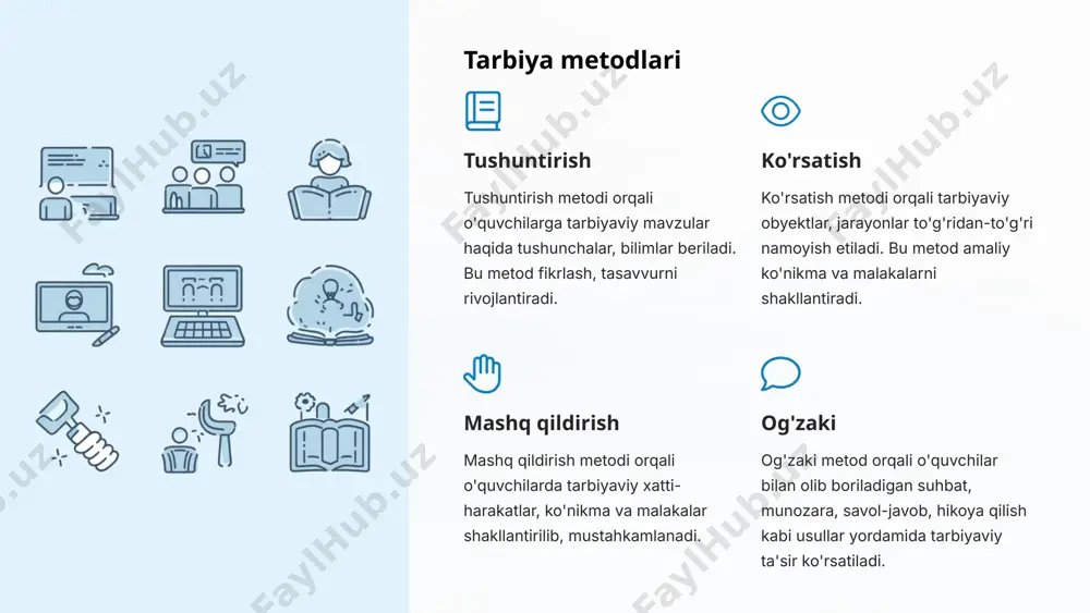 adrlar va moliyaviy resurslarni safarbar qilish muhim. bu maqsadlar uchun maktab, mahalla va jamoatchilik imkoniyatlaridan foydalanish maqsadga muvofiq. 10 tarbiyaviy ishlarni tashkil etishda guruh rahbarining roli 1 rejalashtirish va tashkil etish guruh rahbari tarbiyaviy ishlarni samarali rejalashtirish va tashkil etishda markaziy rolga ega. u o'quvchilarning qiziqishlari, ehtiyojlari va imkoniyatlarini inobatga olgan holda tarbiyaviy faoliyatni tashkil etadi. 2 o'quvchilar faolligini ta'minlash guruh rahbari tarbiyaviy tadbirlarda o'quvchilarning faol ishtirokini ta'minlaydi, ularni qiziqtirib, jiddiy qatnashishga undaydi. 3 monitoring va nazorat guruh rahbari tarbiyaviy jarayonni doimiy kuzatib, kerakli tuzatishlar kiritib, sifatli amalga oshirishni ta'minlaydi. 11 tarbiya jarayonida innovatsion va an'anaviy metodlar innovatsion metodlar zamonaviy pedagogika zamonaviy texnologiyalardan foydalanishni taqozo etadi. o'qituvchi interaktiv doskalar, multimedia vositalari va boshqa raqamli texnologiyalardan unumli foydalanishi lozim. bunday yondashuvlar o'quv jarayonini qiziqarli, samarali va o'quvchilar uchun qulayroq tashkil etishga imkon beradi. an'anaviy metodlar shu bilan birga, an'anaviy tushuntirish, ko'rsatish, mashq qildirish kabi metodlar ham tarbiya jarayonida muhim o'rin tutadi. …