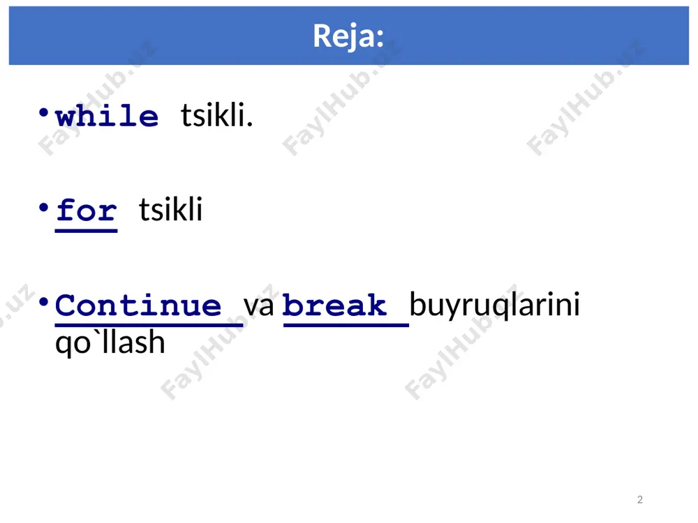 lo world! hello world! hello world! hello world! hello world! 18 for tsikli. range() funktsiyasi 19 range() ni unga berilgan argumentlar soniga qarab sozlangan raqamlar ketma-ketligini qaytaruvchi funksiya sifatida qarash mumkin. parametrlar 1, 2 yoki 3 ta bo`lishi mumkin: range(finish); range(start, finish); range(start, finish, step). bu yerda start – ketma-ketlikning birinchi elementi (o`zi ham inobatga olinadi), finish – oxirigi element(o`zi kirmaydi), step – ketma-ketlikning qadami. https://pythonchik.ru/osnovy/cikl-for-v-python 19 for tsikli. range() funktsiyasi 20 range() funktsiyasi jimlik bo`yicha 0 dan boshlanadi, ammo boshlang`ich qiymatni o`zgartirish mumkin, bu uchun parameter qo`shish kerak: range(2, 6), bu 2 dan 6 gacha degani(6 kirmaydi): for x in range(2, 6): print(x) chiqish: 2 3 4 5 https://pythonru.com/uroki/cikl-for-uroki-po-python-dlja-nachinajushhih 20 for tsikli. range() funktsiyasi 21 range() funktsiyasi jimlik bo`yciha qadamni 1 ga oshiradi, ammo qadamni ko`rsatish uchun 3-parametrni belgilashimiz mumkin: range(2, 30, 3): for x in range(2, 30, 3): print(x) chiqarish: 2 5 8 11 14 17 20 23 …