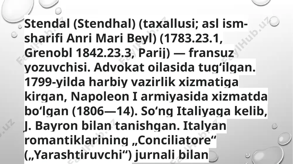 sida yondashish, voqealar va harakterlarning haqqoniyligiga erishish, xulq-atvorlarni sinchkovlik bilan oʻrganish, ong-shuur harakatini tahlil etish haqidagi talablari s. realizmining asosini tashkil etadi. . „armans“ romanida shu prinsiplarga amal qilishga uringan boʻlsada, bu prinsiplar yozuvchining shoh asari — „qizil va qora“ romanida oʻzining mukammal ifodasini topgan. qizil va qora—fransuz yozuvchisi stendal qalamiga mansub roman. ilk bora 1830-yil 13-noyabrda a.levasseur nashriyotida chop etilgan. asar voqealari 1820-yillarda fransiyada boʻlib oʻtadi. ushbu roman xix asrning soʻnggi choragida psixologik realizmning ilk namunasi sifatida tanilgan. „qizil va qora“ romani s. ning yuksak mahorati bilan 19-asrning taeutiliy xronikasi darajasiga koʻtarildi. asarda „salon hayotidan koʻrinishlar“gina emas, balki tiklanish davridagi qariyb butun fransiyaning hayoti oʻz aksini topgan. s. jyulyen sorel obrazini yaratish orqali fransuz jamiyatining ijtimoiy tabiatini va bu jamiyatda kechgan kurashni katta badiiy kuch bilan koʻrsatgan bosh qahramon: julian sorel – kambag‘al oiladan chiqqan, lekin ulkan ambitsiyalarga ega yosh yigit. u o‘z hayotini o‘zgartirishni, yuqori ijtimoiy tabaqaga ko‘tarilishni …