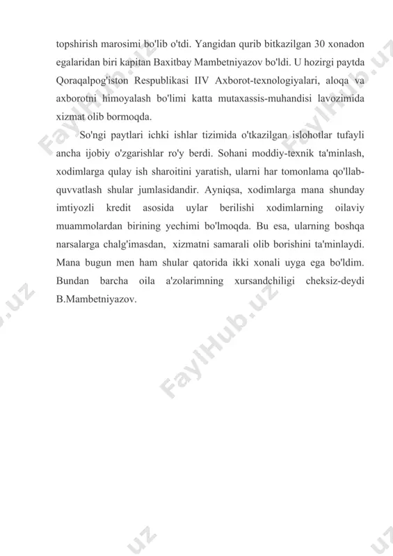 ik ta'minlash, xodimlarga qulay ish sharoitini yaratish, ularni har tomonlama qo'llab-quvvatlash shular jumlasidandir. ayniqsa, xodimlarga mana shunday imtiyozli kredit asosida uylar berilishi xodimlarning oilaviy muammolardan birining yechimi bo'lmoqda. bu esa, ularning boshqa narsalarga chalg'imasdan, xizmatni samarali olib borishini ta'minlaydi. mana bugun men ham shular qatorida ikki xonali uyga ega bo'ldim. bundan barcha oila a'zolarimning xursandchiligi cheksiz-deydi b.mambetniyazov.
