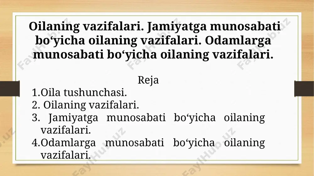 i ortib bormoqda. bunday oilalarning aytishlaricha, bolalar ota-onalarining erkinliklarini cheklaydialr: ta’lim olish, ishlash, malaka oshirish, o‘z qobiliyatini yuzaga chiqarishda. iqtisodiy va xo‘jalik-turmush vazifalari - qadimdan oila har doim jamiyatning boshlang‘ich xo‘jalik tashkiloti bo‘lib kelgan. ov qilish va don etishtirish, hunarmandchilik va savdo kabilar oilada har doim vazifalar taqsimlangan bo‘lgani uchun mavjud bo‘la olgan. qadimdan ayollar butun uy ishlari bilan mashg‘ul bo‘lganlar, erkaklar kasb-hunar bilan shug‘ullanganlar boshlang‘ich ijtimoiylashtirish vazifasi - oila bola shaxsi shakllanishida faol ta’sir ko‘rsatadigan birinchi va asosiy ijtimoiy guruhdir. oila ijtimoiy mikromuhit bo`lib, ijtimoiy ta’sir ko‘rsatish omilaridan biridir. tarbiyaviy vazifasi - boshlang‘ich ijtimoiylashtirish jarayonida bolani oilada tarbiyalash muhim ahamiyatga ega bo‘ladi. ota-onalar bolaning birinchi tarbiyachilari bo‘lganlar va shunday bo‘lib qoladi. bolani oilada tarbiyalash murakkab ijtimoiy-pedagogik jarayondir. oiladagi sharoit va muhit bola shaxsi shakilanishiga ta’sir ko‘satadi. ota va ona o‘z bolasini ardoqlaydilar, erkalaydilar, tashvish va qiyinchiliklardan asraydilar. ota-onalarning shaxsiy ibratlari - bolaning tarbiyasiga ta’sir ko‘rsatishning muhim vositasidir. uning tarbiyaviy …