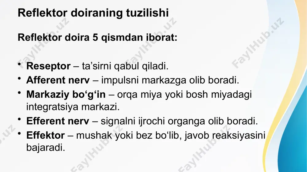 hini bildiradi. rossolimo refleksi – oyoq barmoqlariga urilganda ular pastga emas, yuqoriga bukiladi. jakobson refleksi – bilak bo‘g‘imi stimulyatsiyasida patologik javob kuzatiladi. bu reflekslar piramidal trakt shikastlanishining diagnostik belgilaridir. nevrologik tekshiruvda ularni aniqlash bemorning kasallik og‘irligi va joylashuvini baholashda yordam beradi. hoffman reflex image1.jpeg image3.jpeg image4.jpeg image5.jpeg image6.jpeg image7.jpeg image8.jpeg image9.jpeg image10.png image11.jpeg image12.png image13.jpeg image2.jpeg deep tendon reflex perpendicular strike /docprops/thumbnail.jpeg