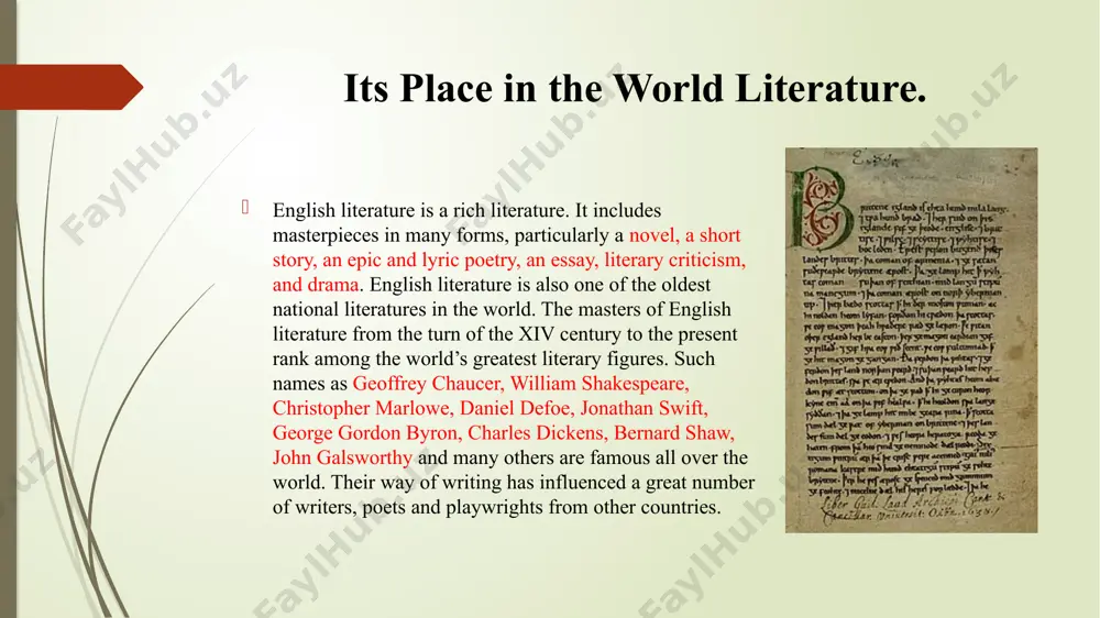 o invaded britain from the european continent in the fifth century. those people spoke germanic language in which the poem is written. “beowulf” is 3182 lines long, approximately 80 or 90 pages in book length. literary forms 1. *novel*: a long narrative work of fiction that explores characters, themes, and plots in depth. novels typically contain multiple chapters and can span various genres, such as romance, science fiction, or historical fiction. 2. **short story**: a brief narrative that usually focuses on a single incident or character. it often aims to evoke a specific mood or convey a particular theme, and it can be read in one sitting. 3. **epic**: a lengthy narrative poem that often recounts the adventures of heroic figures and explores grand themes like honor, bravery, and fate. epics are typically set in a mythic or historical context, such as "the iliad" or "the odyssey." 4. **lyric poetry**: …