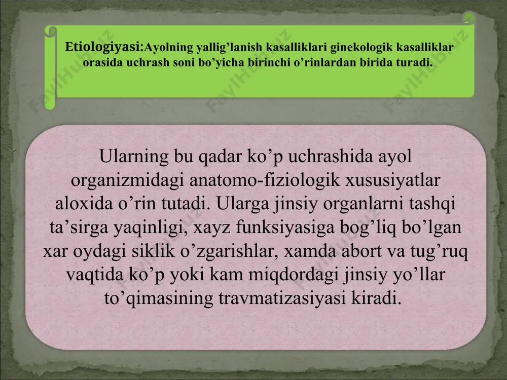 roq hollarda ayollarda uch-raydi. qiz bolalarda vulvovaginit umumiy kasalliklar, o'tkir yuqumli kasalliklar (qizamiq, skarlatina, difteriya) endokrin buzilishlar, gi-povitaminoz, burun-halqumning surunkali kasalliklari, uzoq vaqt anti-biotiklar qo'llash oqibatida kelib chiqadi. vulvovaginit vulvovaginit vulvovaginit vulvovaginit vulvovaginit davolash 1. organizm umumiy quvvatini oshirish. 2. birlamchi infektsiya o'choqlarini sanatsiya qilish. z. mahalliy davo. qinni 1% li tanin, 1:1000 rivanol, moychechak (romashka) eritmalard bilan tozalab yuvish (sprintsevanie) qilinadi. kolpit qin shilliq qavatining yalliglanish kasalligi klinikasi: qorin pastida og’riq qindan shilliq – yiringli, yiringli ajralmalar kelishi. tashqi jinsiy azolarning qichishishi, siyganda achishish paydo bo’lishi ko’zgular yordamida tekshirganda qin devorining shilliq qavati qizargan , shishgan, burmalari orasida yiring yig’ilib turganligini ko’rish mumkin. kolpit davolash bakterial vaginozda dalasin krem 3 kun davomida 1 martadan ishlatiladi. umumiy quvvatlantiruvchi muolajalar o’tkazish fizioterapevtik muolajalar o’tkazish klinikasi: klinik kechishida 2 ta variantini farqlash kerak: jinsiy yo’llardan ko’p miqdorda sekretsiya kelishi bachadon ortiqlarida eksudativ jarayonlar , genekologik tekshirganda og’riq, subfebrilitit, biroz leykotsitoz, giperalbuminemiya, c …