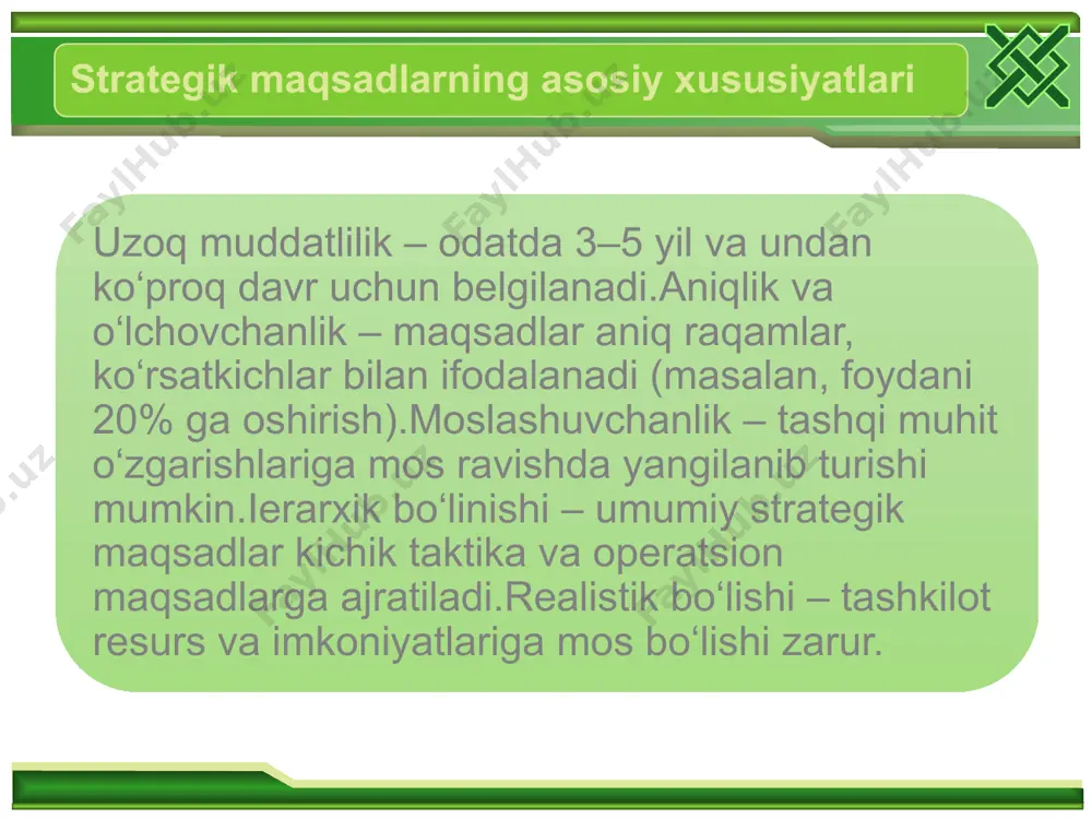 ilgan adabiyotlar porter m. competitive strategy: techniques for analyzing industries and competitors. – new york: free press, 2018. mintzberg h., ahlstrand b., lampel j. strategy safari: a guided tour through the wilds of strategic management. – pearson education, 2020. grant r.m. contemporary strategy analysis. – wiley, 2021. ansoff i. strategic management. – london: macmillan, 2019. kaplan r., norton d. the balanced scorecard: translating strategy into action. – harvard business school press, 2018. жумаев н.х. стратегик менежмент. – тошкент: иқтисод, 2020. туленов ж., рахмонов а. молиявий стратегия ва бошқарув. – тошкент: молия, 2019. мирзаев ш. корхона стратегияси ва бошқарув қарорлари. – тошкент: “иқтисод-молия”, 2021. image2.gif image3.emf image4.jpeg image5.jpeg image6.jpeg image7.jpeg image8.jpeg image9.jpeg image10.jpeg image11.jpeg image12.jpeg image1.emf /docprops/thumbnail.jpeg